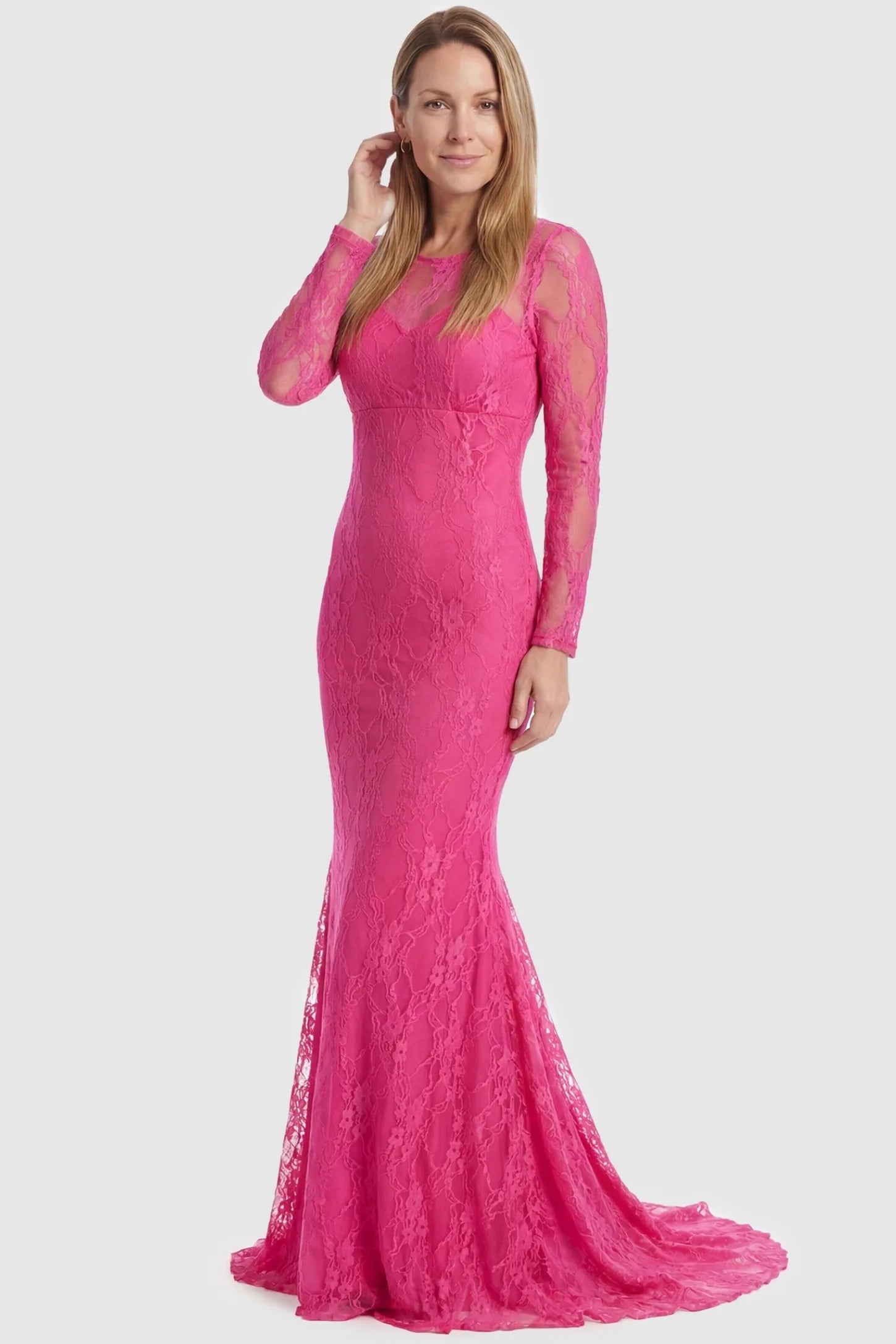 Floral Lace Long Sleeve Trumpet Maternity Photoshoot Gown loral Lace Long Sleeve Trumpet Maternity Photoshoot Gown in Black featuring a floor-length train on a postpartum model.