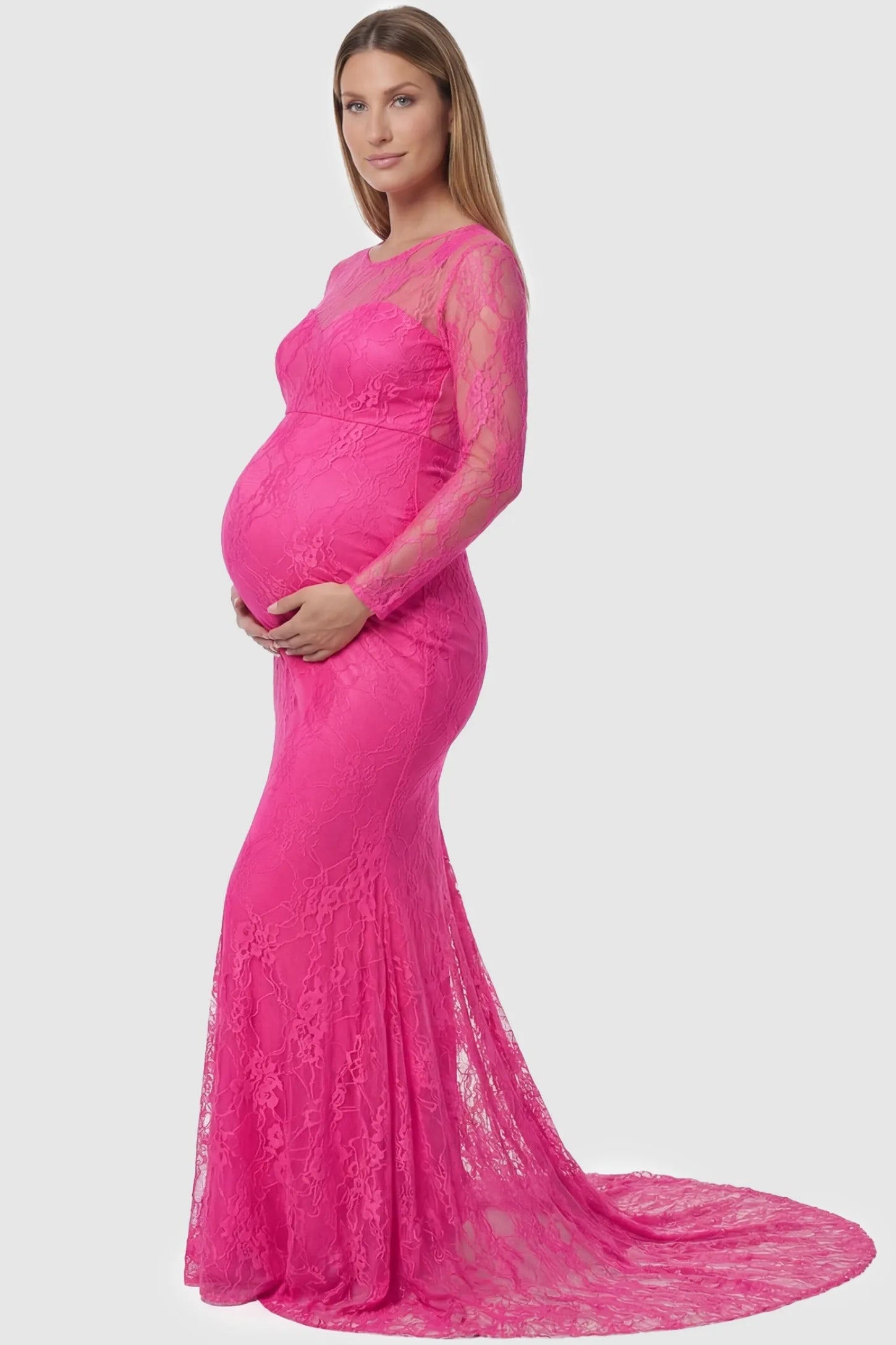 Floral Lace Long Sleeve Trumpet Maternity Photoshoot Gown Floral Lace Long Sleeve Trumpet Maternity Photoshoot Gown in Plum Red featuring a bodycon lace silhouette on a pregnant model.