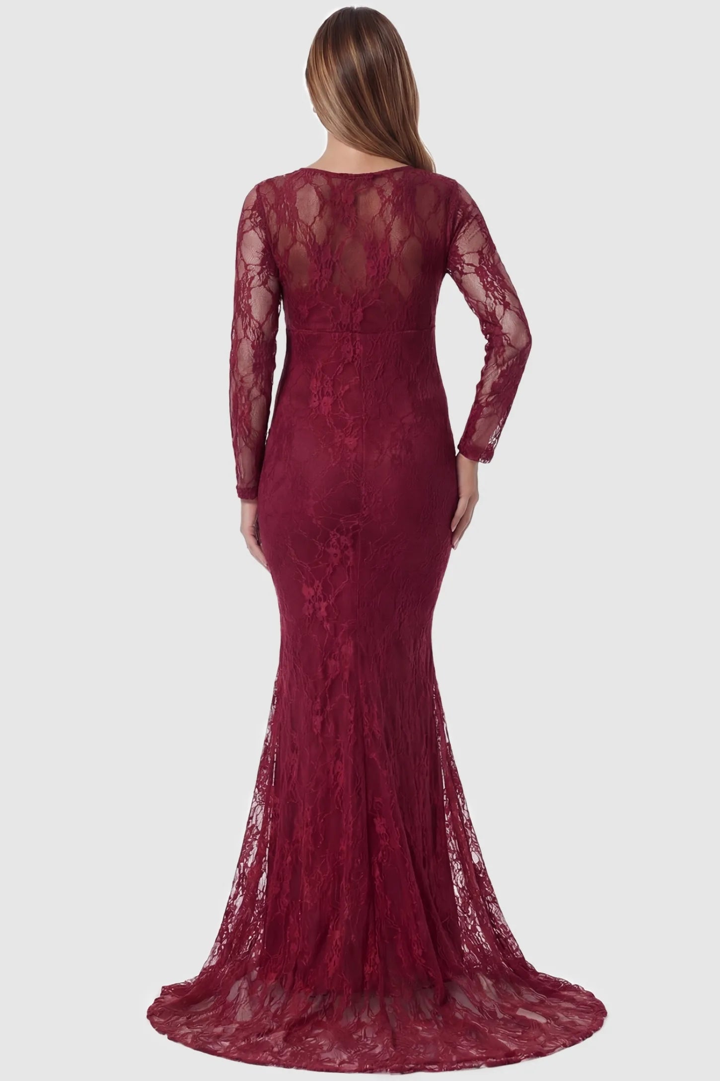 Floral Lace Long Sleeve Trumpet Maternity Photoshoot Gown Floral Lace Long Sleeve Trumpet Maternity Photoshoot Gown in Wine Red featuring detailed lace patterns on a pregnant model.