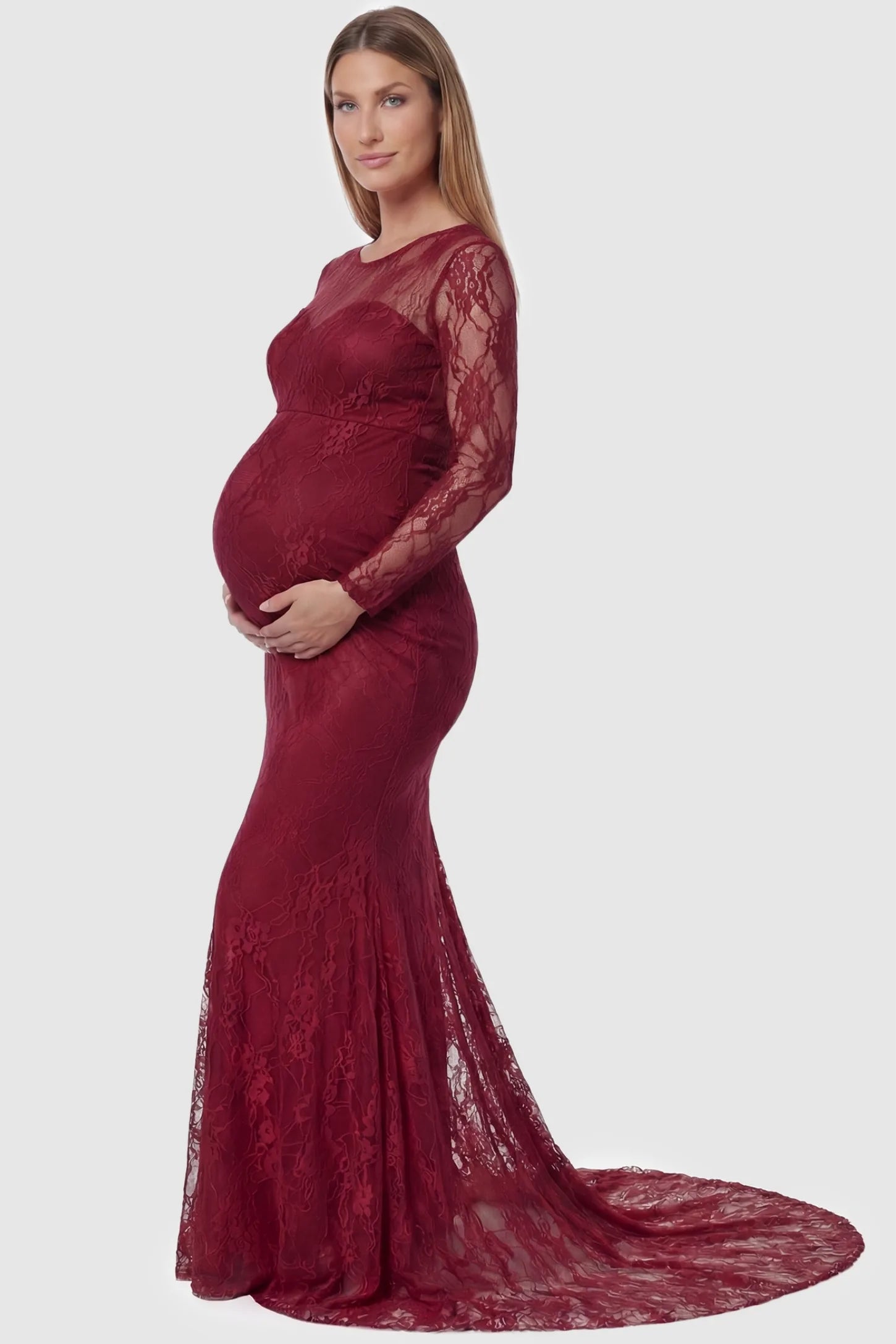 Floral Lace Long Sleeve Trumpet Maternity Photoshoot Gown in Wine Red featuring a curve-hugging silhouette on a pregnant model.