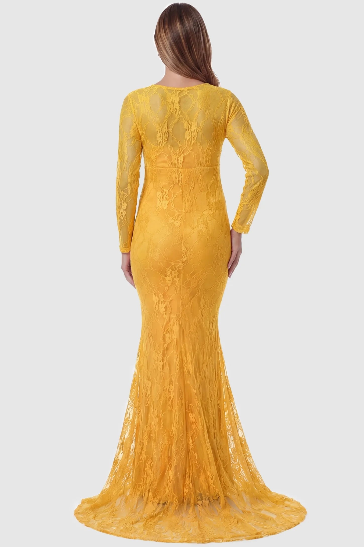 Floral Lace Long Sleeve Trumpet Maternity Photoshoot Gown Floral Lace Long Sleeve Trumpet Maternity Photoshoot Gown in Yellow featuring a floor-length lace train on a pregnant model.