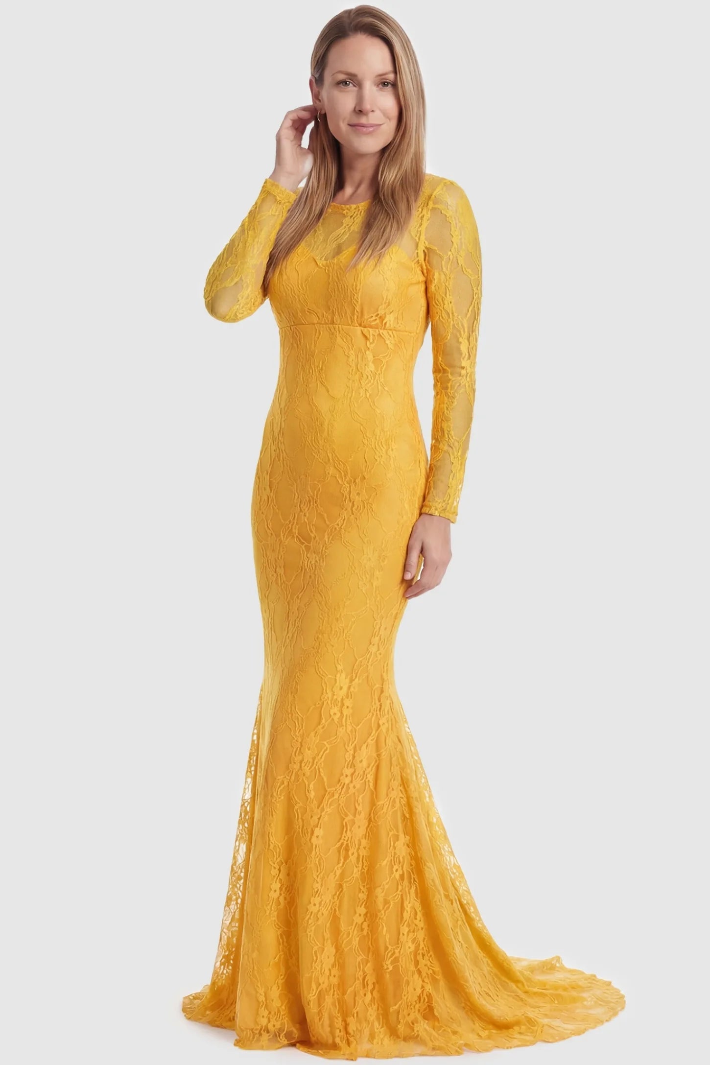 Floral Lace Long Sleeve Trumpet Maternity Photoshoot Gown Floral Lace Long Sleeve Trumpet Maternity Photoshoot Gown in Yellow featuring a vibrant lace overlay on a postpartum model.