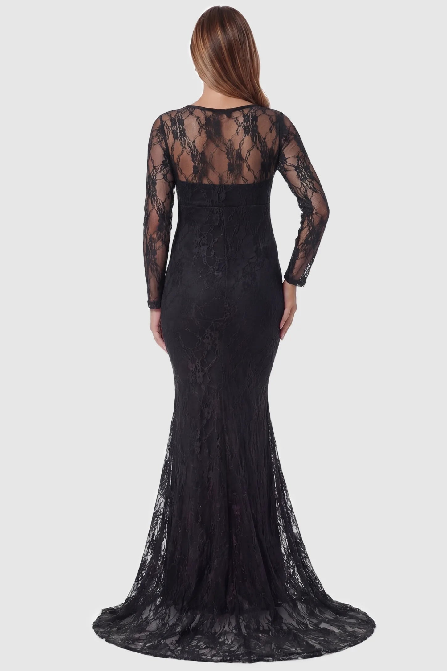 Floral Lace Long Sleeve Trumpet Maternity Photoshoot Gown Floral Lace Long Sleeve Trumpet Maternity Photoshoot Gown in Black featuring a sheer lace back on a pregnant model.