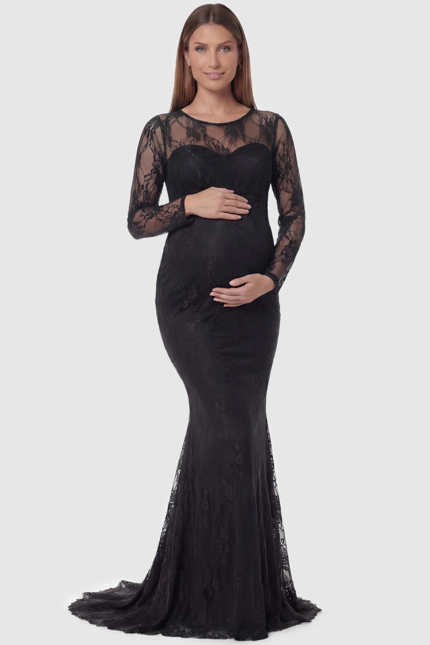 Floral Lace Long Sleeve Trumpet Maternity Photoshoot Gown Floral Lace Long Sleeve Trumpet Maternity Photoshoot Gown in Black featuring intricate floral patterns on a pregnant model.