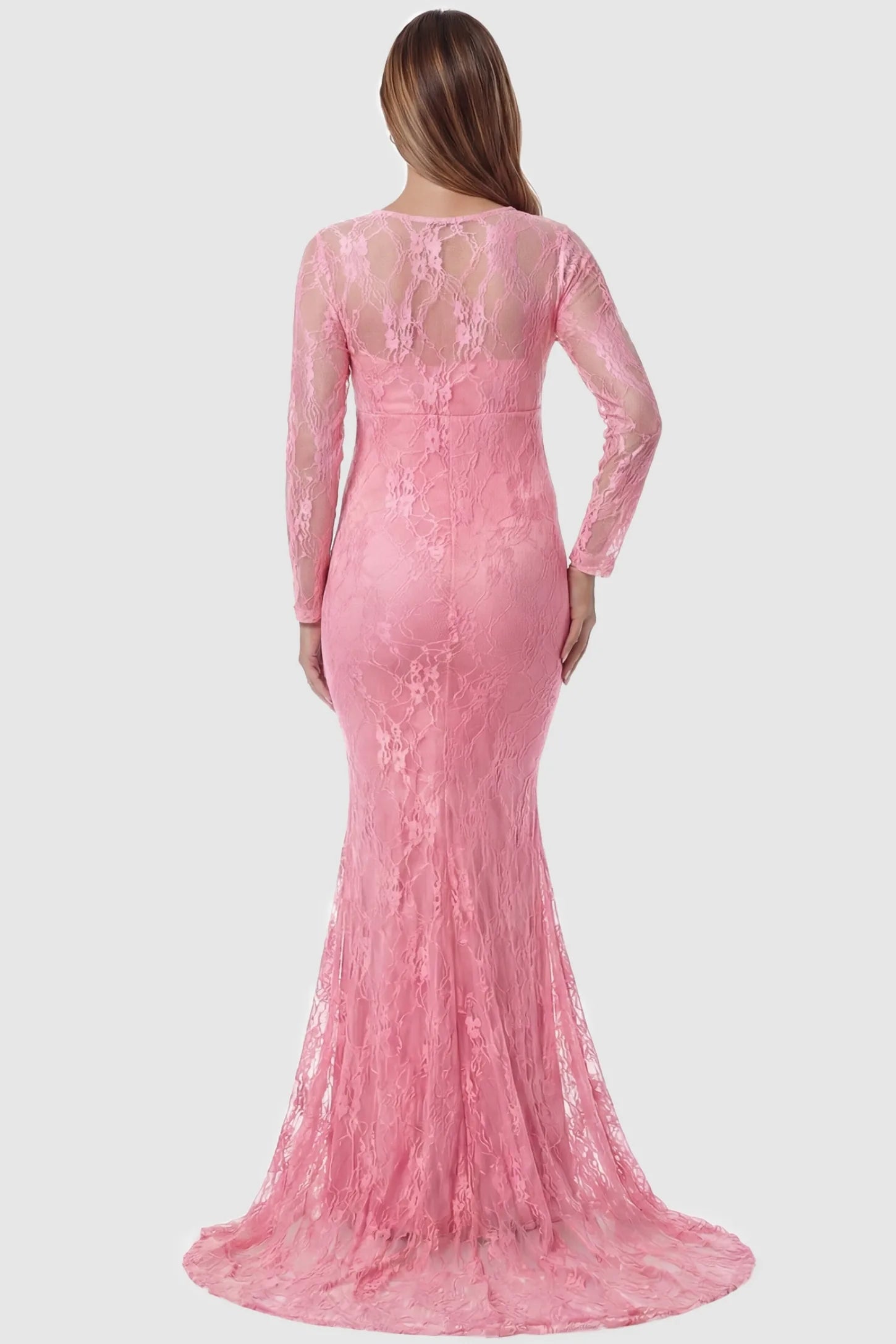 Floral Lace Long Sleeve Trumpet Maternity Photoshoot Gown Floral Lace Long Sleeve Trumpet Maternity Photoshoot Gown in Pink featuring an elegant sheer lace back on a pregnant model.