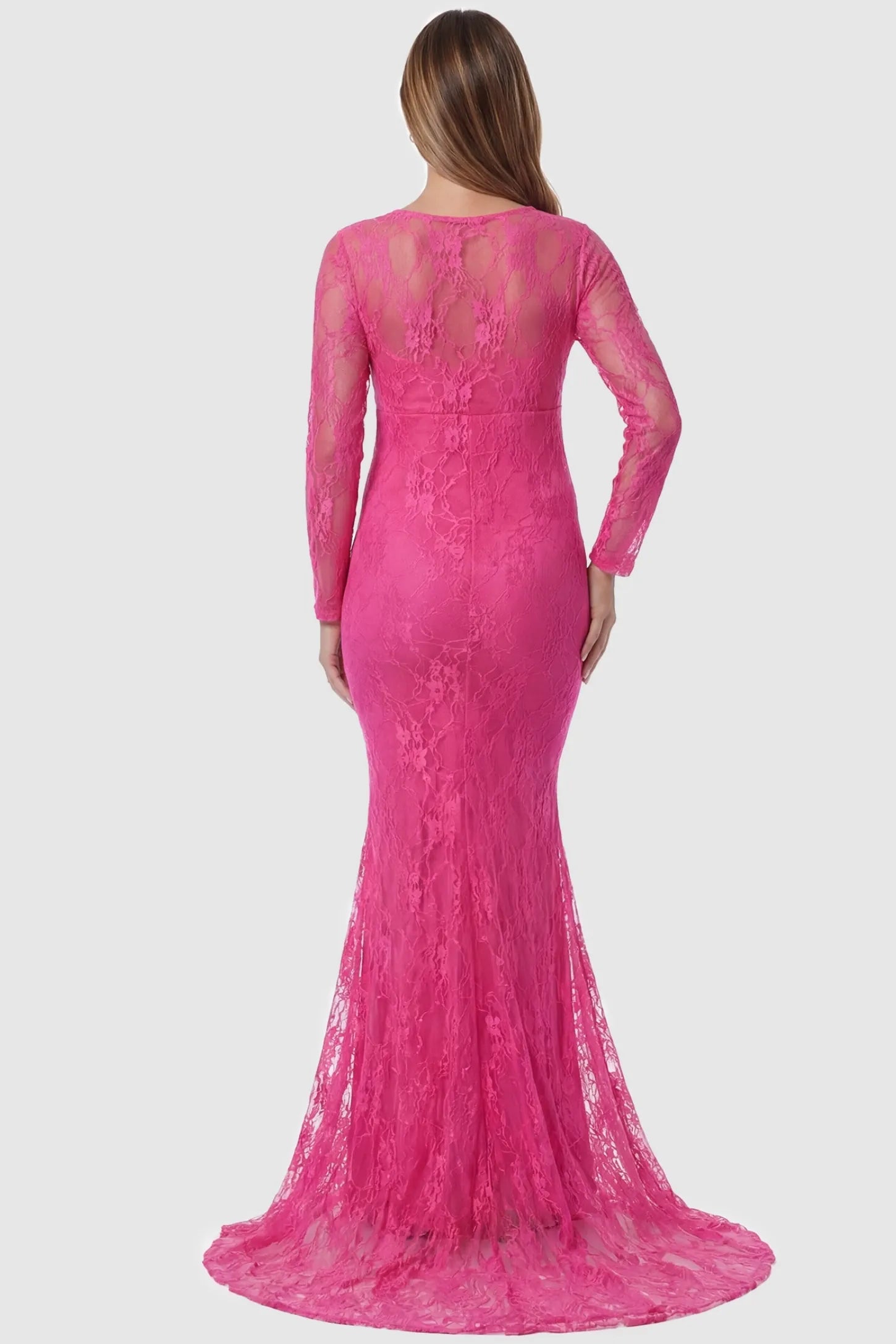 Floral Lace Long Sleeve Trumpet Maternity Photoshoot Gown Floral Lace Long Sleeve Trumpet Maternity Photoshoot Gown in Plum Red featuring a dramatic lace back on a pregnant model.