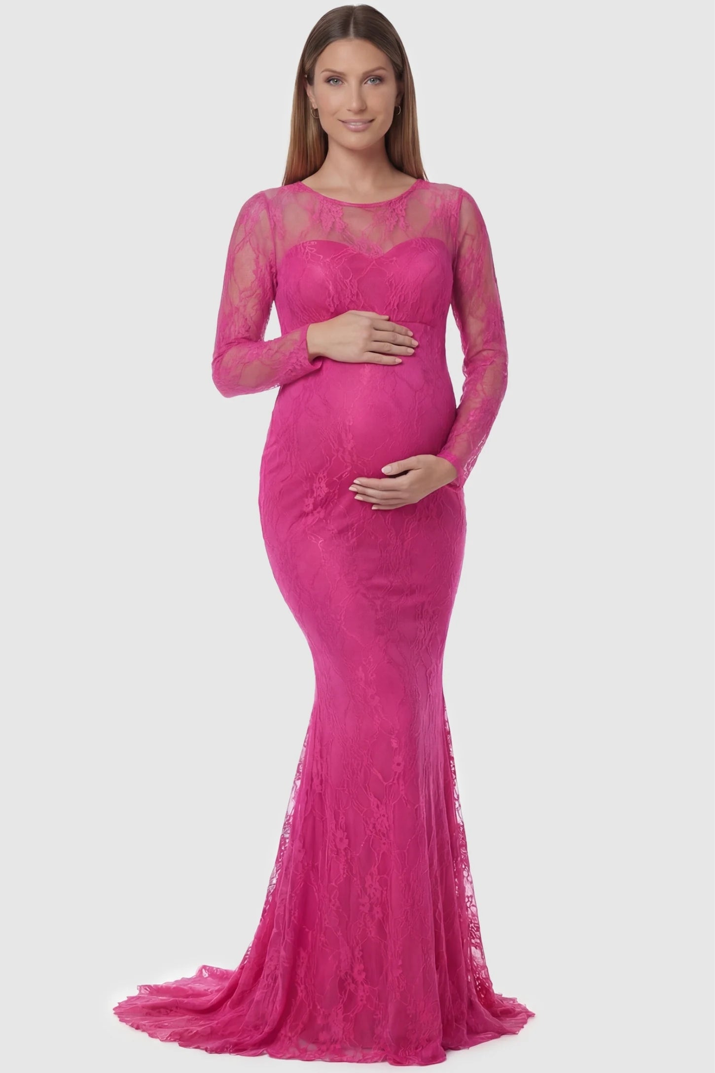 Floral Lace Long Sleeve Trumpet Maternity Photoshoot Gown Floral Lace Long Sleeve Trumpet Maternity Photoshoot Gown in Plum Red featuring a sheer round neckline on a pregnant model.