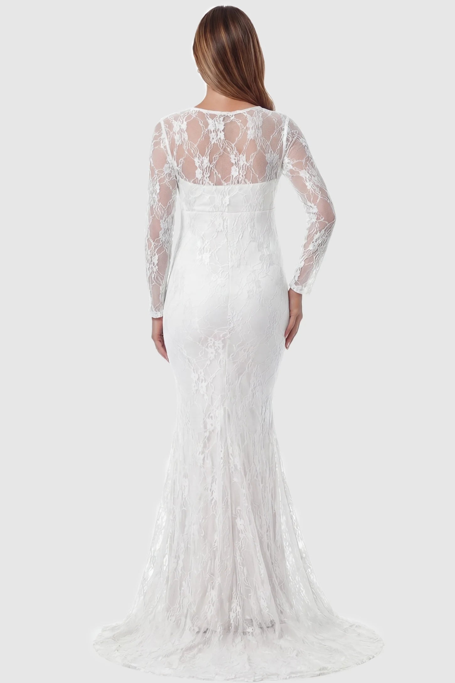 Floral Lace Long Sleeve Trumpet Maternity Photoshoot Gown Floral Lace Long Sleeve Trumpet Maternity Photoshoot Gown in White featuring intricate floral lace details on a pregnant model.