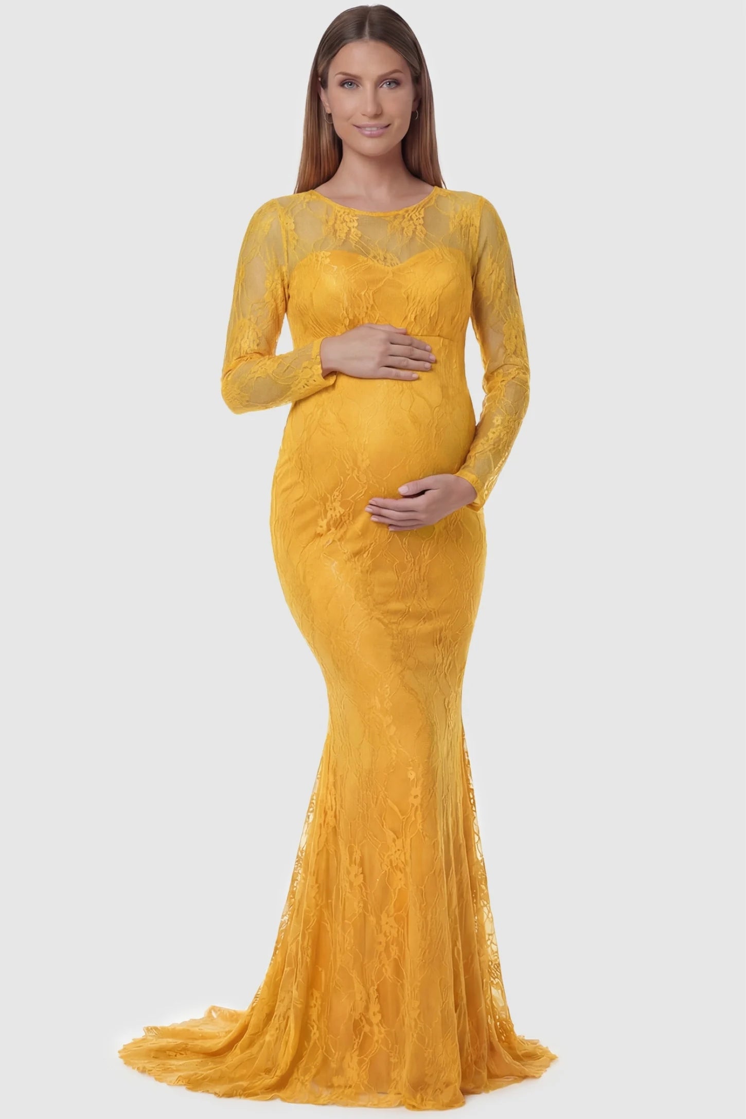 Floral Lace Long Sleeve Trumpet Maternity Photoshoot Gown Floral Lace Long Sleeve Trumpet Maternity Photoshoot Gown in Yellow featuring a vibrant lace overlay on a pregnant model.