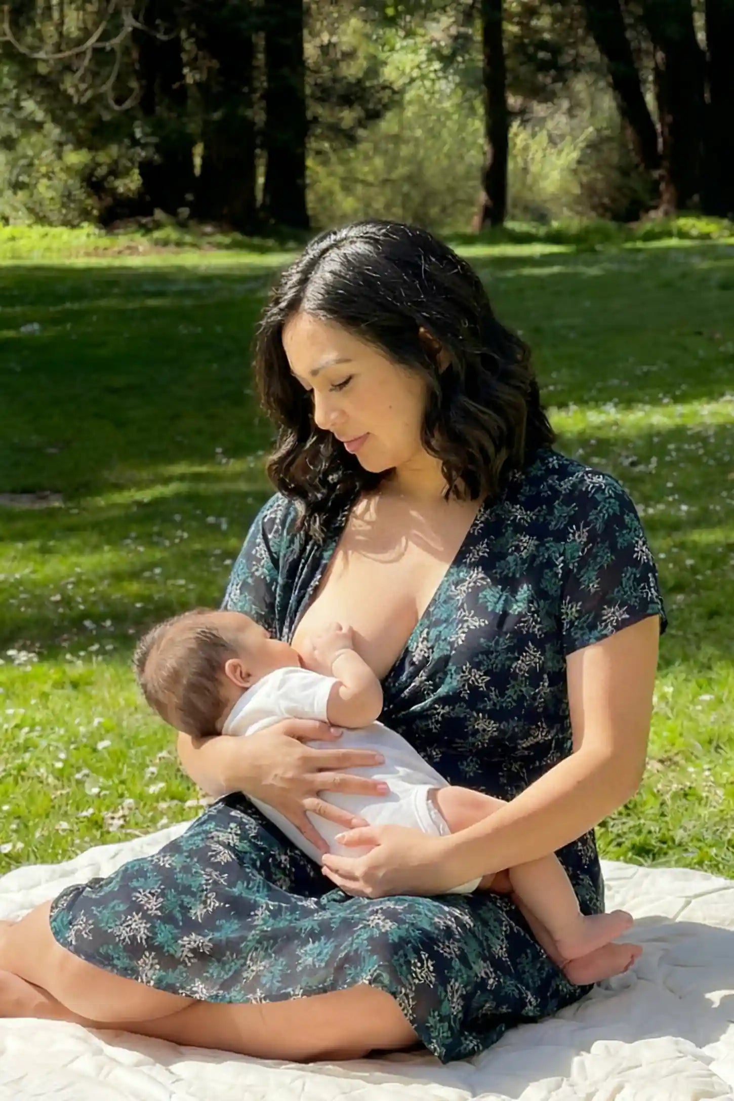 Floral V-Neck Knee-Length Maternity & Nursing Dress Floral V-Neck Knee-Length Maternity & Nursing Dress in Blue featuring the nursing function on a breastfeeding model.