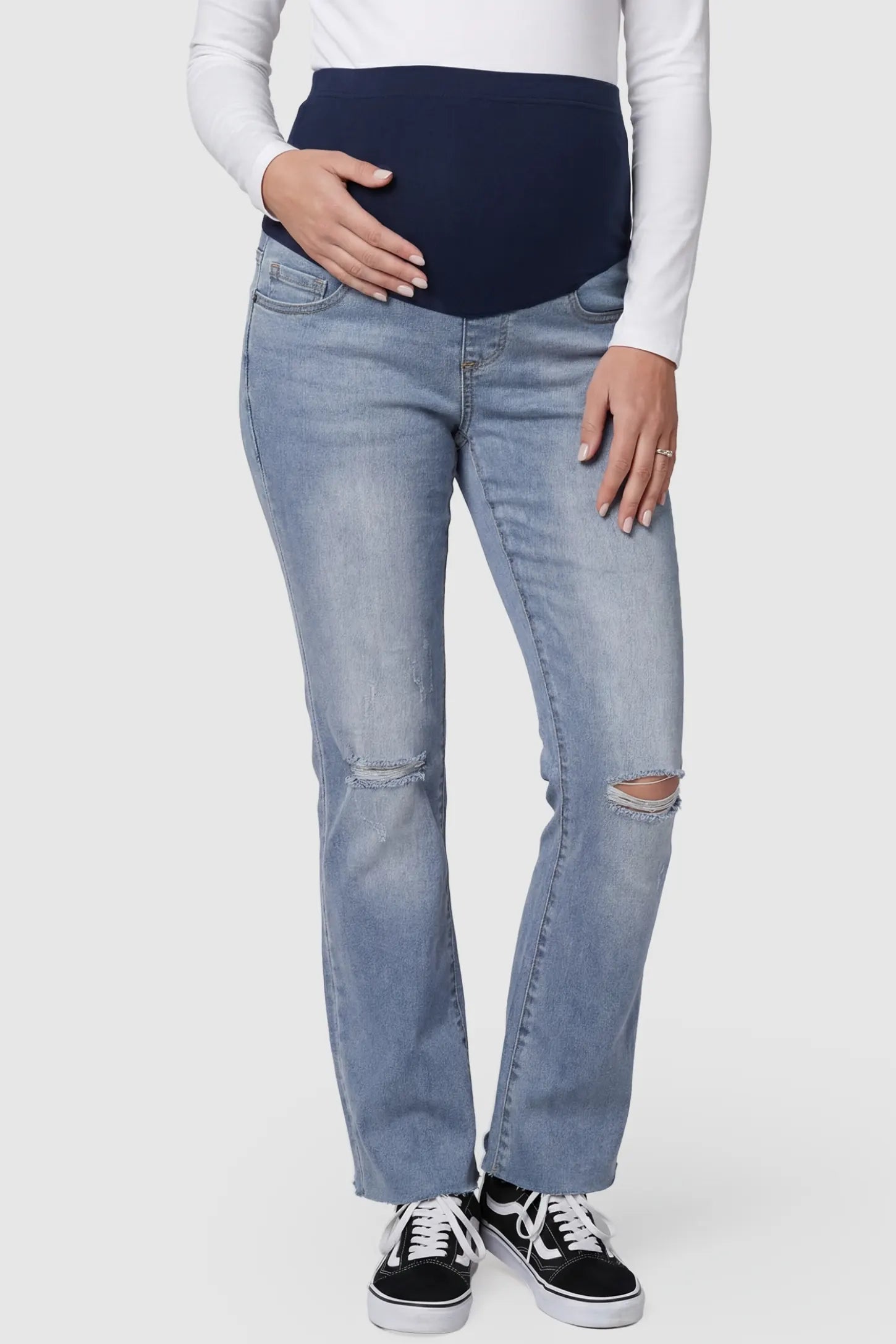 Knee Slit Wide Leg Maternity Jeans in Blue denim featuring a high-elastic support belt front view on a pregnant model.