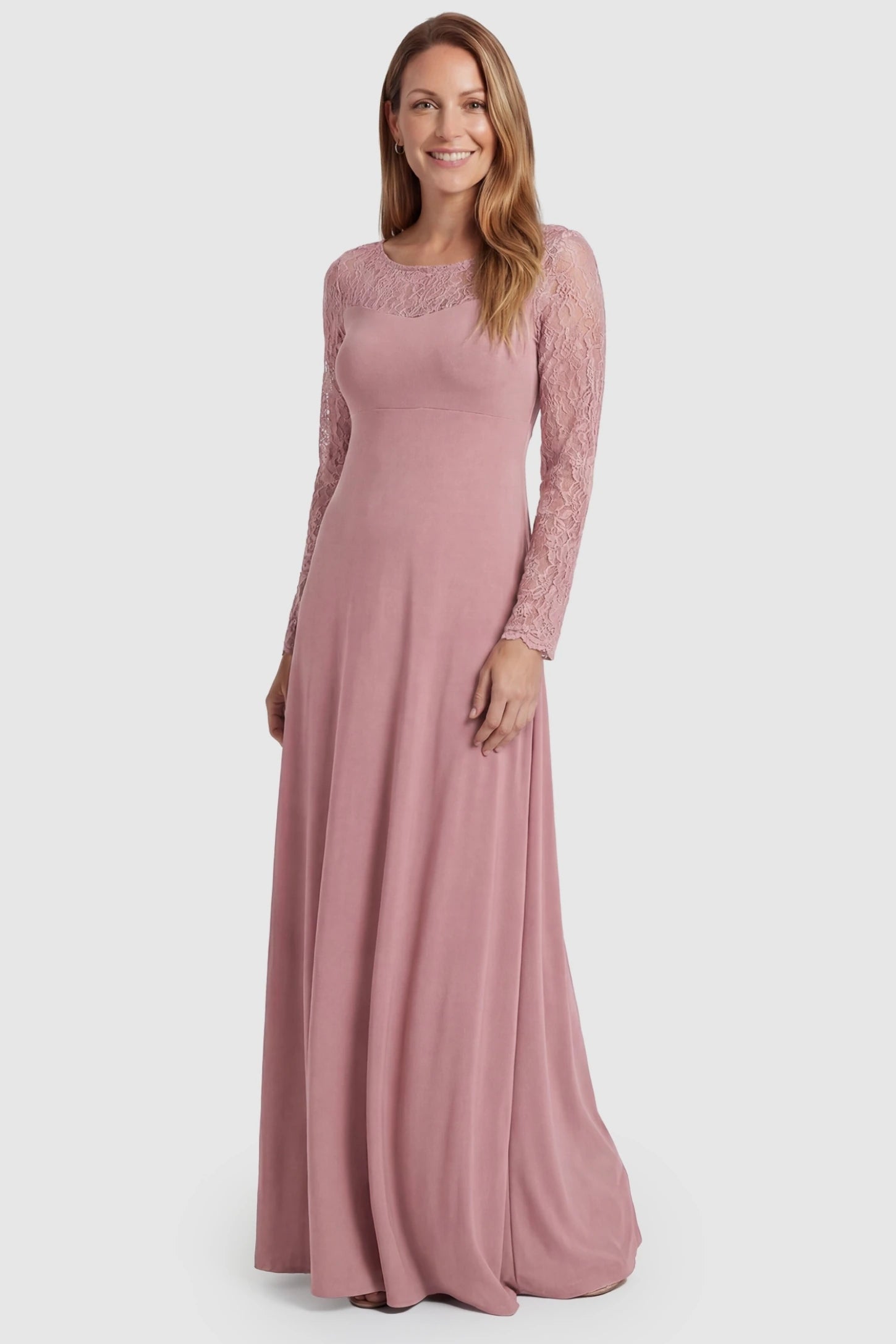 Acrylic Lace Long Sleeve Floor-Length Maternity Dress Acrylic Lace Long Sleeve Floor-Length Maternity Dress in Pink featuring a round neck on a front-facing non-pregnant model.