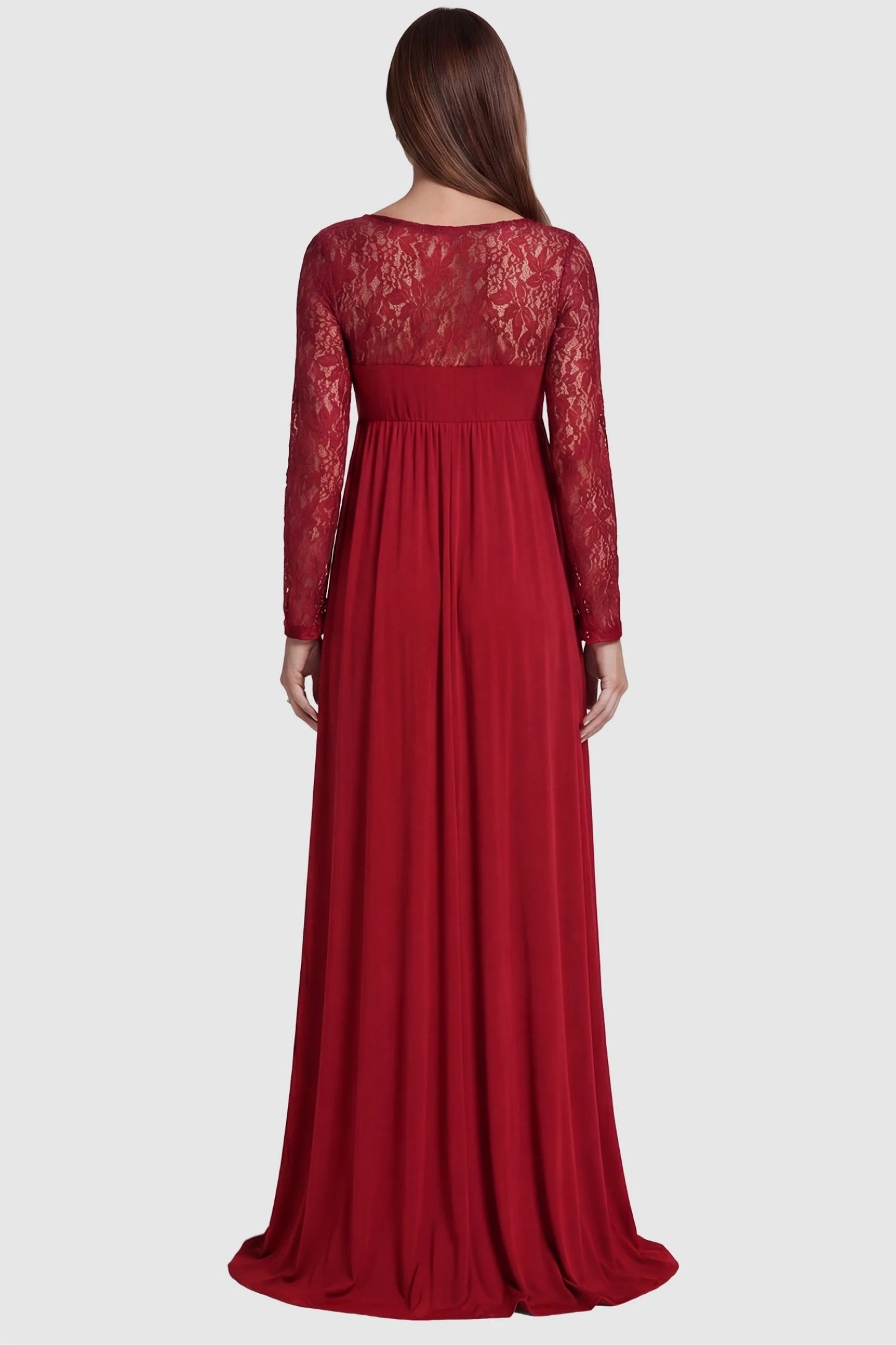 Acrylic Lace Long Sleeve Floor-Length Maternity Dress Acrylic Lace Long Sleeve Floor-Length Maternity Dress in Red featuring a sheer lace back on a pregnant model.