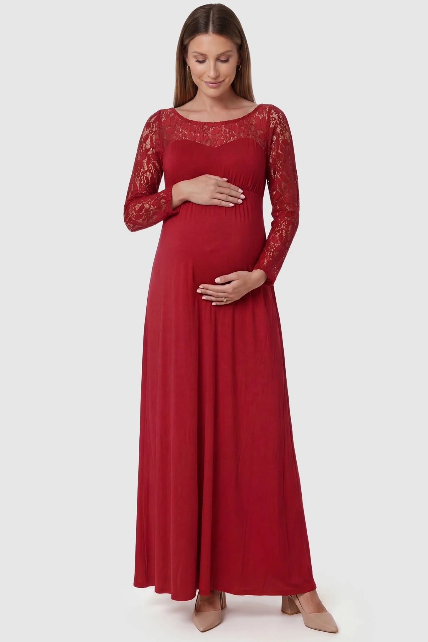 Acrylic Lace Long Sleeve Floor-Length Maternity Dress Acrylic Lace Long Sleeve Floor-Length Maternity Dress in Red featuring a round neck on a front-facing pregnant model.