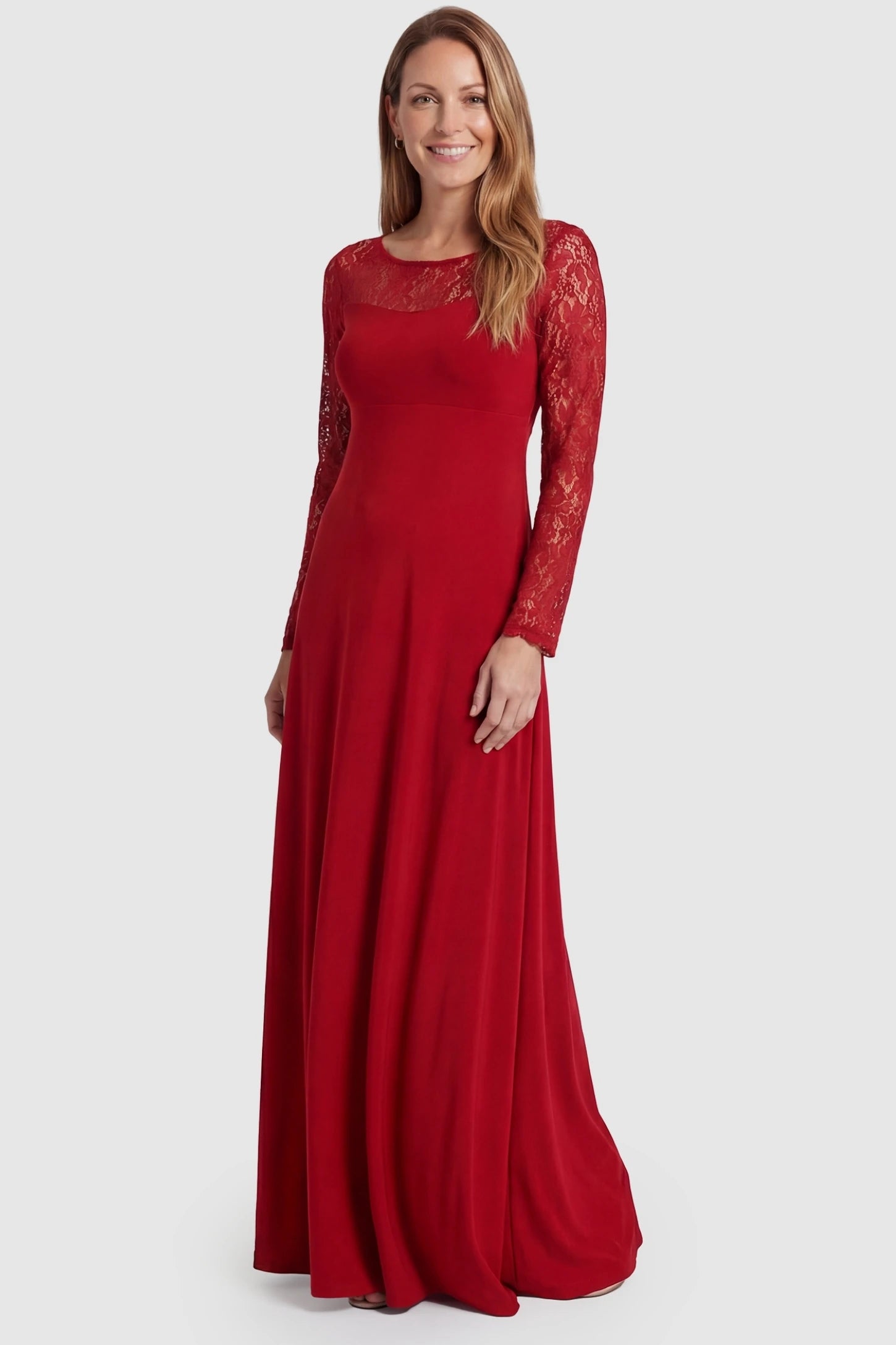 Acrylic Lace Long Sleeve Floor-Length Maternity Dress Acrylic Lace Long Sleeve Floor-Length Maternity Dress in Red featuring a round neck on a front-facing non-pregnant model.