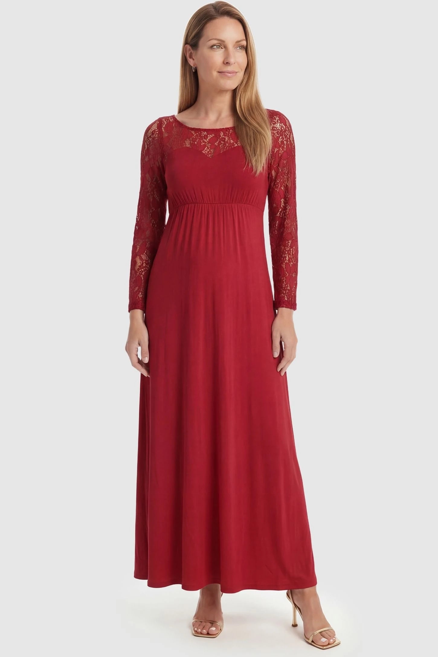 Acrylic Lace Long Sleeve Floor-Length Maternity Dress Acrylic Lace Long Sleeve Floor-Length Maternity Dress in Red featuring a round neck on a front-facing non-pregnant model.