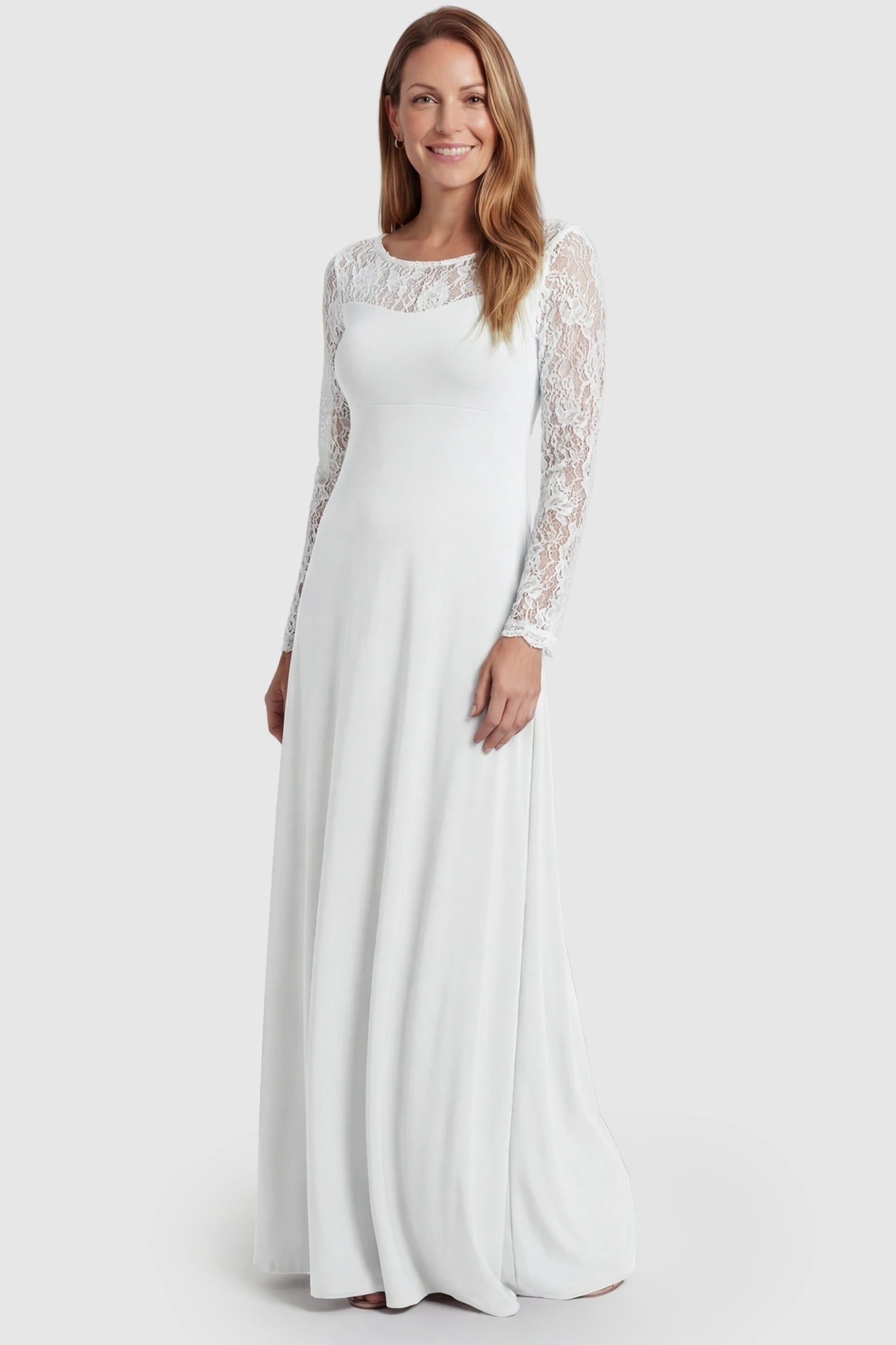 Acrylic Lace Long Sleeve Floor-Length Maternity Dress Acrylic Lace Long Sleeve Floor-Length Maternity Dress in White featuring a round neck on a front-facing non-pregnant model.