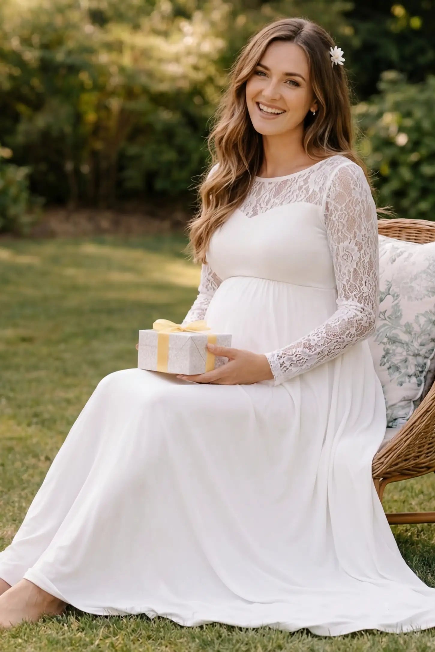 Acrylic Lace Long Sleeve Floor-Length Maternity Dress Acrylic Lace Long Sleeve Floor-Length Maternity Dress in White featuring a round neck on a front-facing pregnant model.