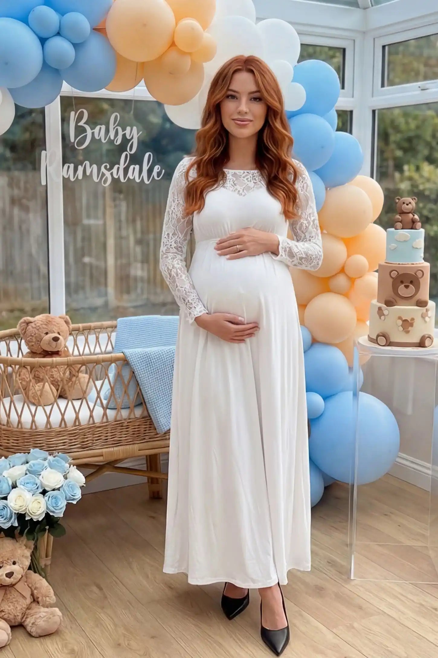 Acrylic Lace Long Sleeve Floor-Length Maternity Dress Acrylic Lace Long Sleeve Floor-Length Maternity Dress in White featuring a round neck on a front-facing pregnant model.