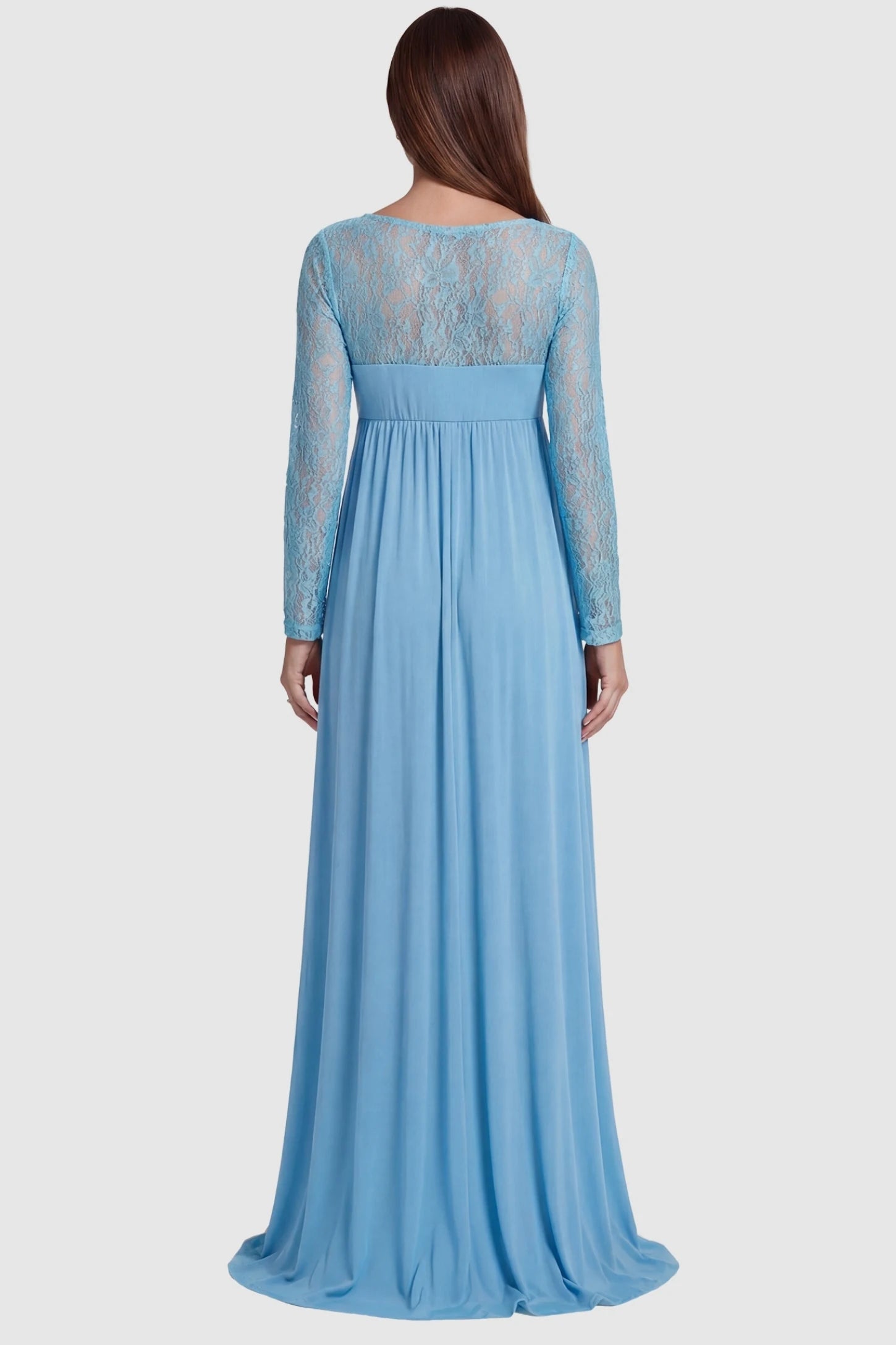Acrylic Lace Long Sleeve Floor-Length Maternity Dress Acrylic Lace Long Sleeve Floor-Length Maternity Dress in Light Blue featuring a sheer lace back on a pregnant model.