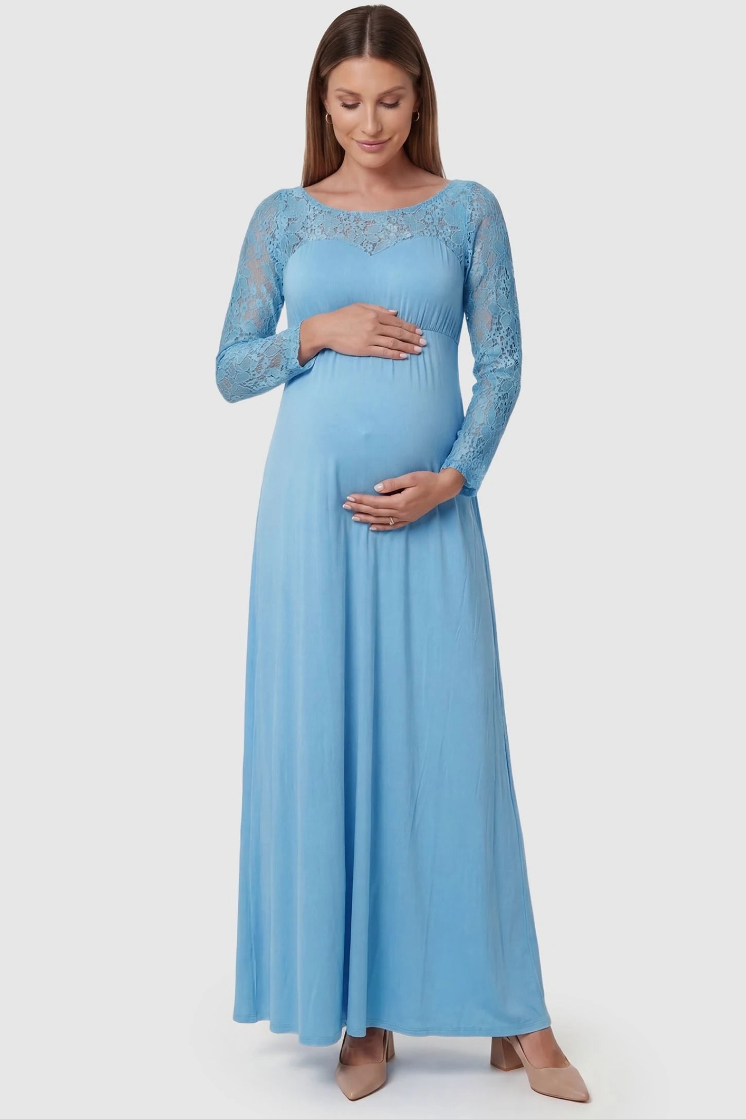 Acrylic Lace Long Sleeve Floor-Length Maternity Dress in Light Blue featuring a round neck on a front-facing pregnant model.