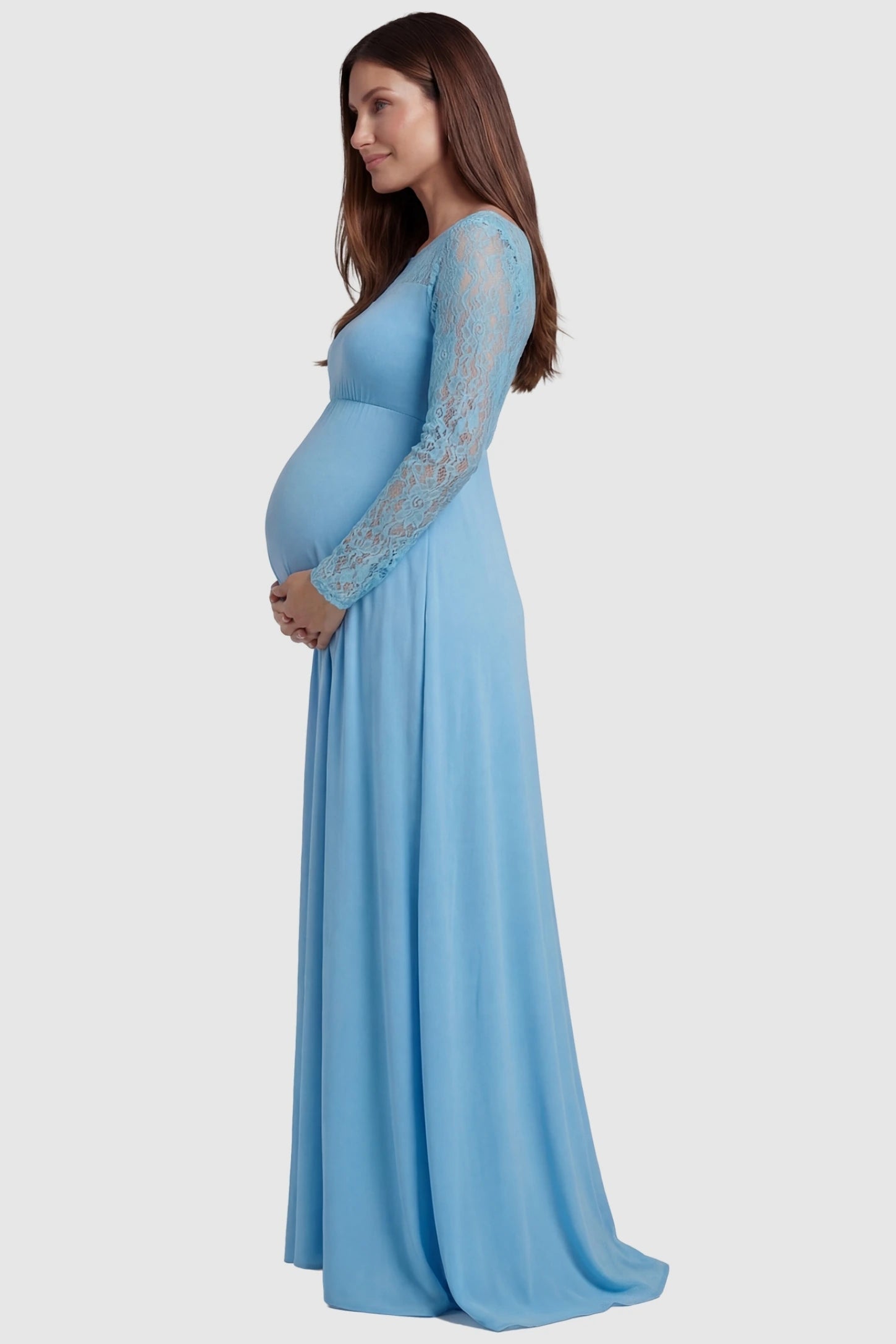 Acrylic Lace Long Sleeve Floor-Length Maternity Dress in Light Blue featuring lace-spliced sleeves on a side-profile pregnant model.