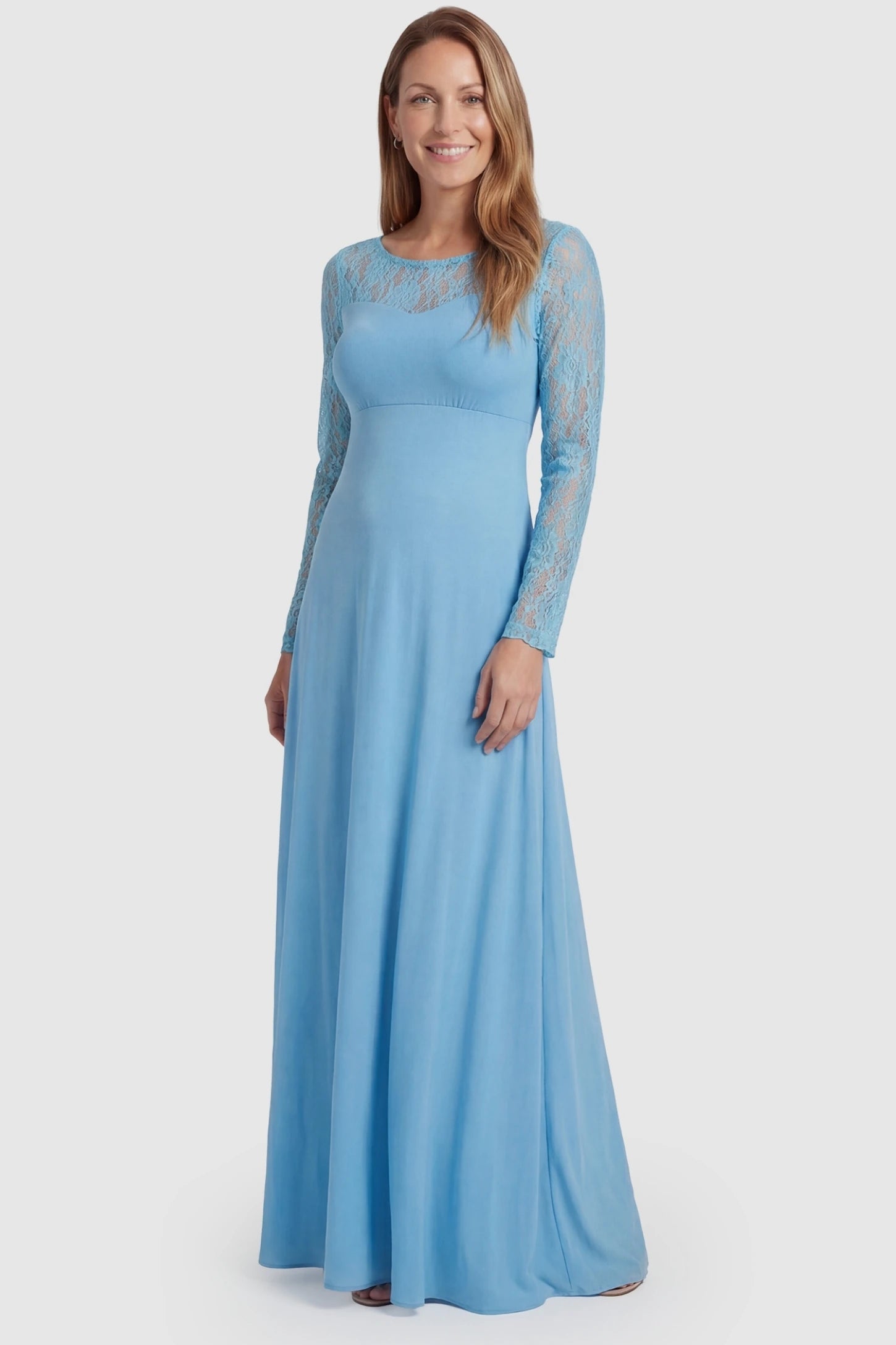 Acrylic Lace Long Sleeve Floor-Length Maternity Dress Acrylic Lace Long Sleeve Floor-Length Maternity Dress in Light Blue featuring an elastic waist on a front-facing non-pregnant model.