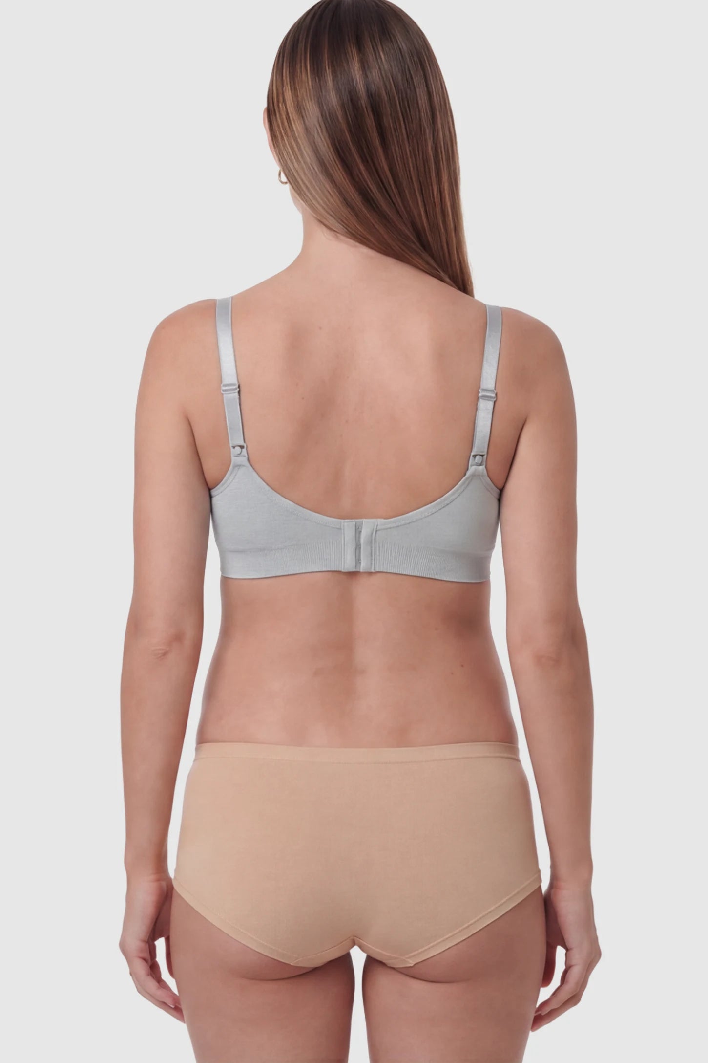 Seamless Ruched Front Wireless Maternity Nursing Bra Seamless Ruched Wireless Nursing Bra in Gray on a pregnant model.