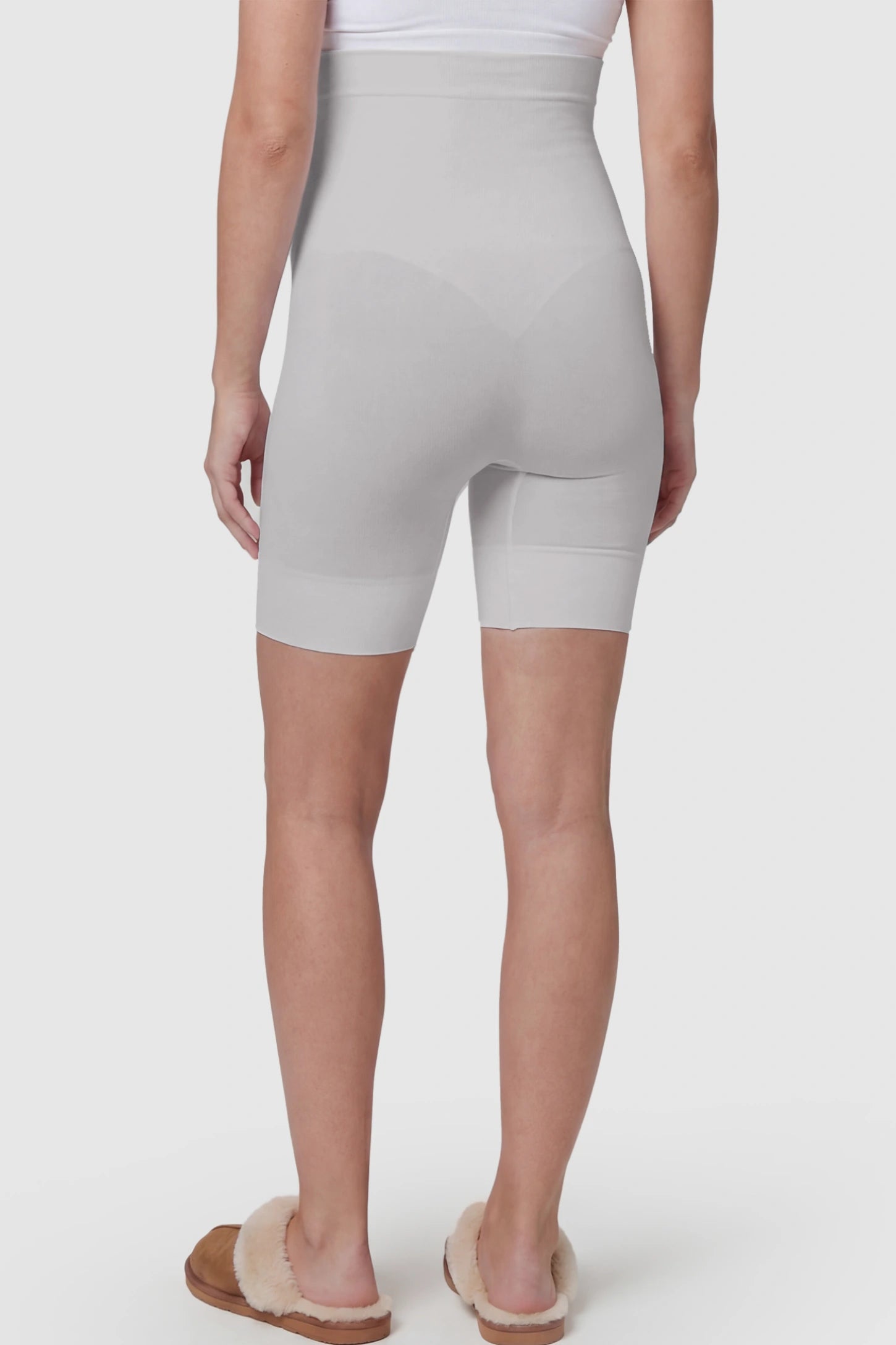 Seamless High Waist Support Maternity Shapewear Shorts Seamless High Waist Support Maternity Shapewear Shorts in Gray Color on a pregnant model.