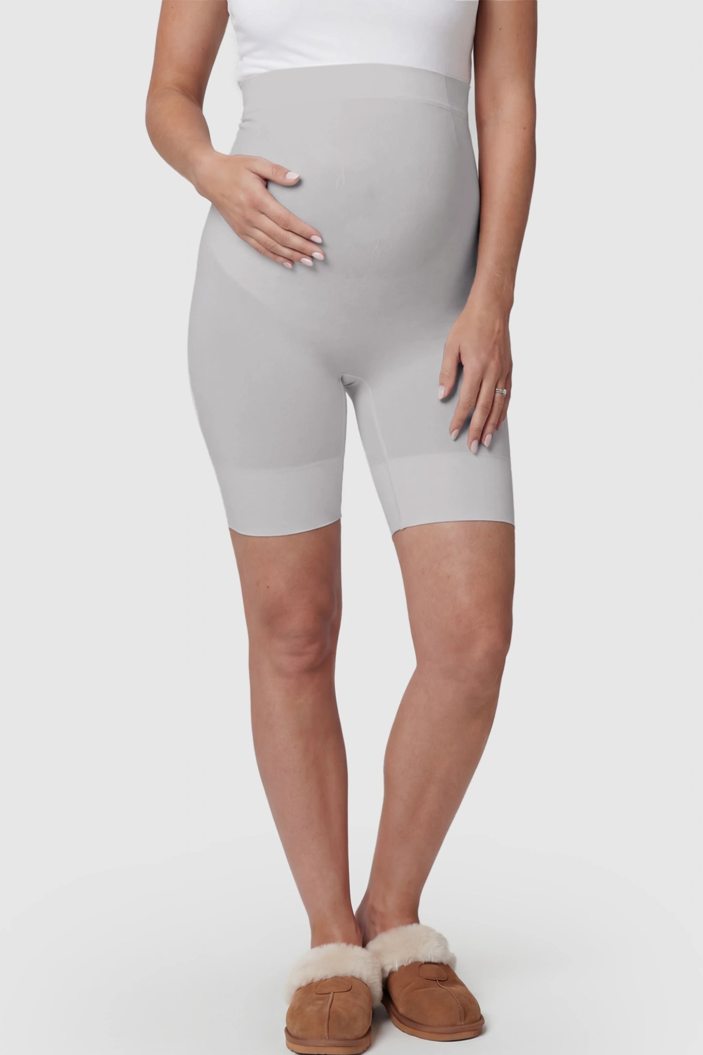 Seamless High Waist Support Maternity Shapewear Shorts Seamless High Waist Support Maternity Shapewear Shorts in Gray Color featuring over-the-belly panel on a pregnant model.