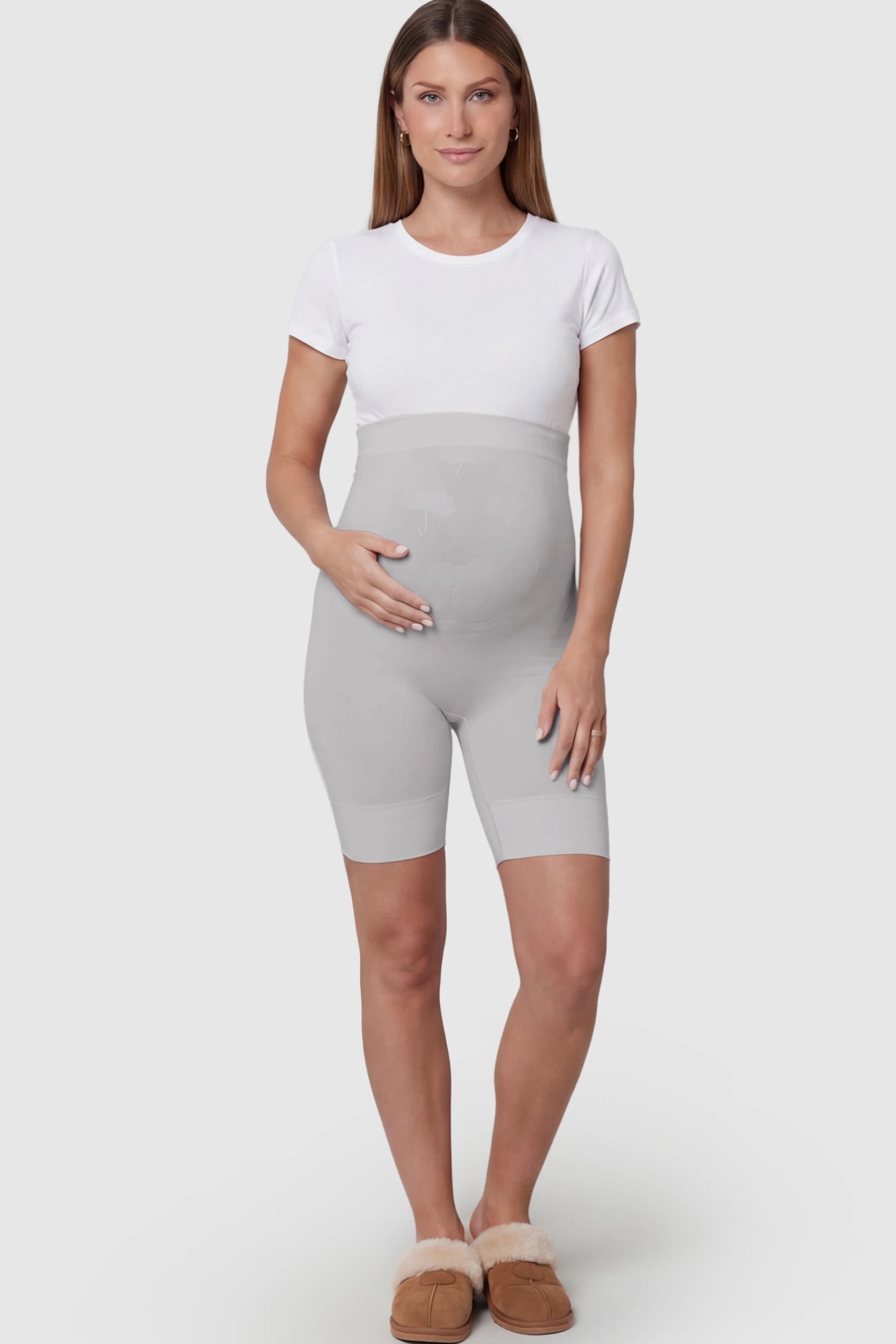 Seamless High Waist Support Maternity Shapewear Shorts Seamless High Waist Support Maternity Shapewear Shorts in Gray Color featuring over-the-belly panel on a pregnant model.