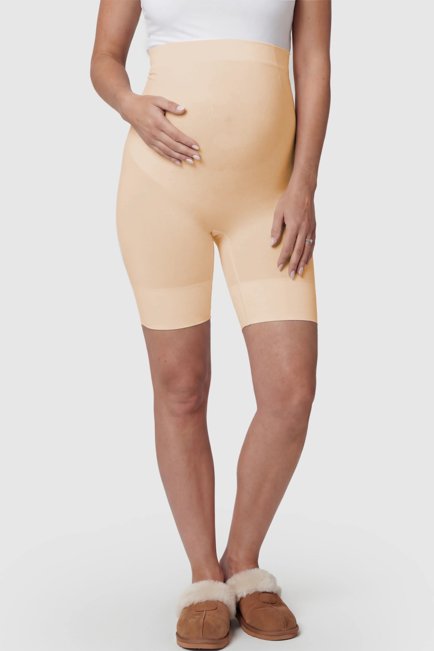 Seamless High Waist Support Maternity Shapewear Shorts in Skin Color featuring over-the-belly panel on a pregnant model.