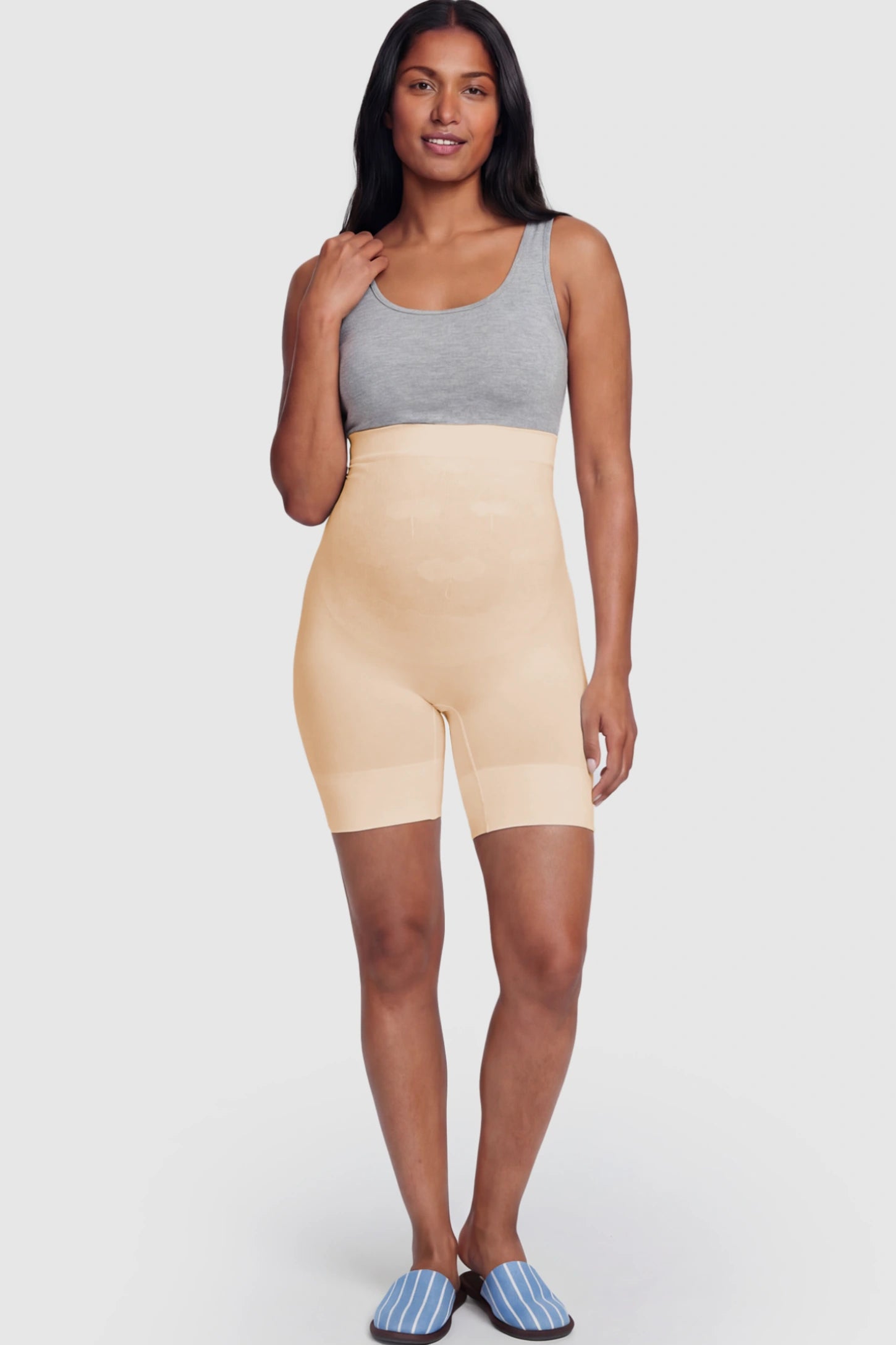 Seamless High Waist Support Maternity Shapewear Shorts Seamless High Waist Support Maternity Shapewear Shorts in Skin Color featuring over-the-belly panel on a postpartum model.