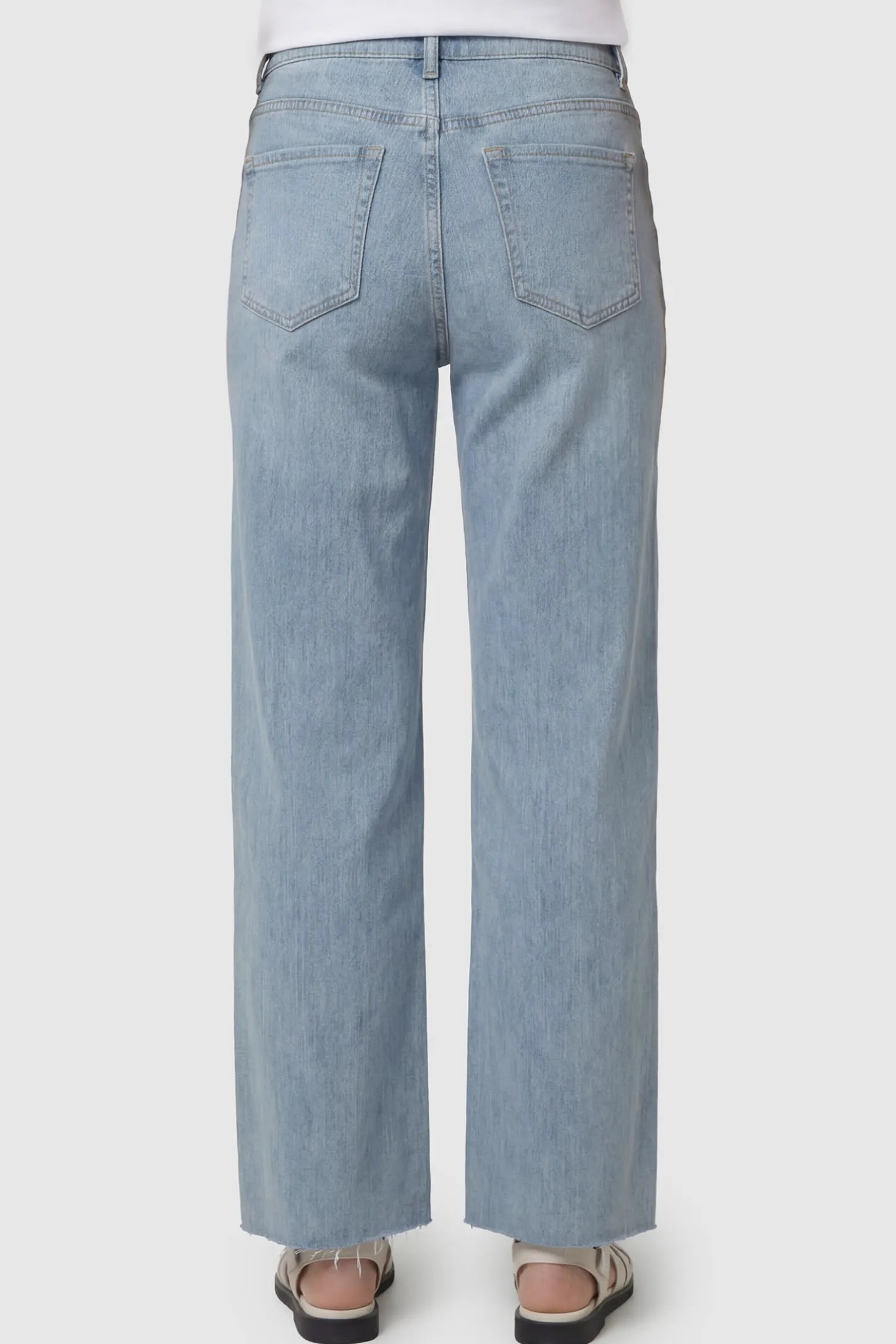 Full Panel Wide Leg Maternity Jeans Full Panel Wide Leg Maternity Jeans in Light Blue on a pregnant model back side.