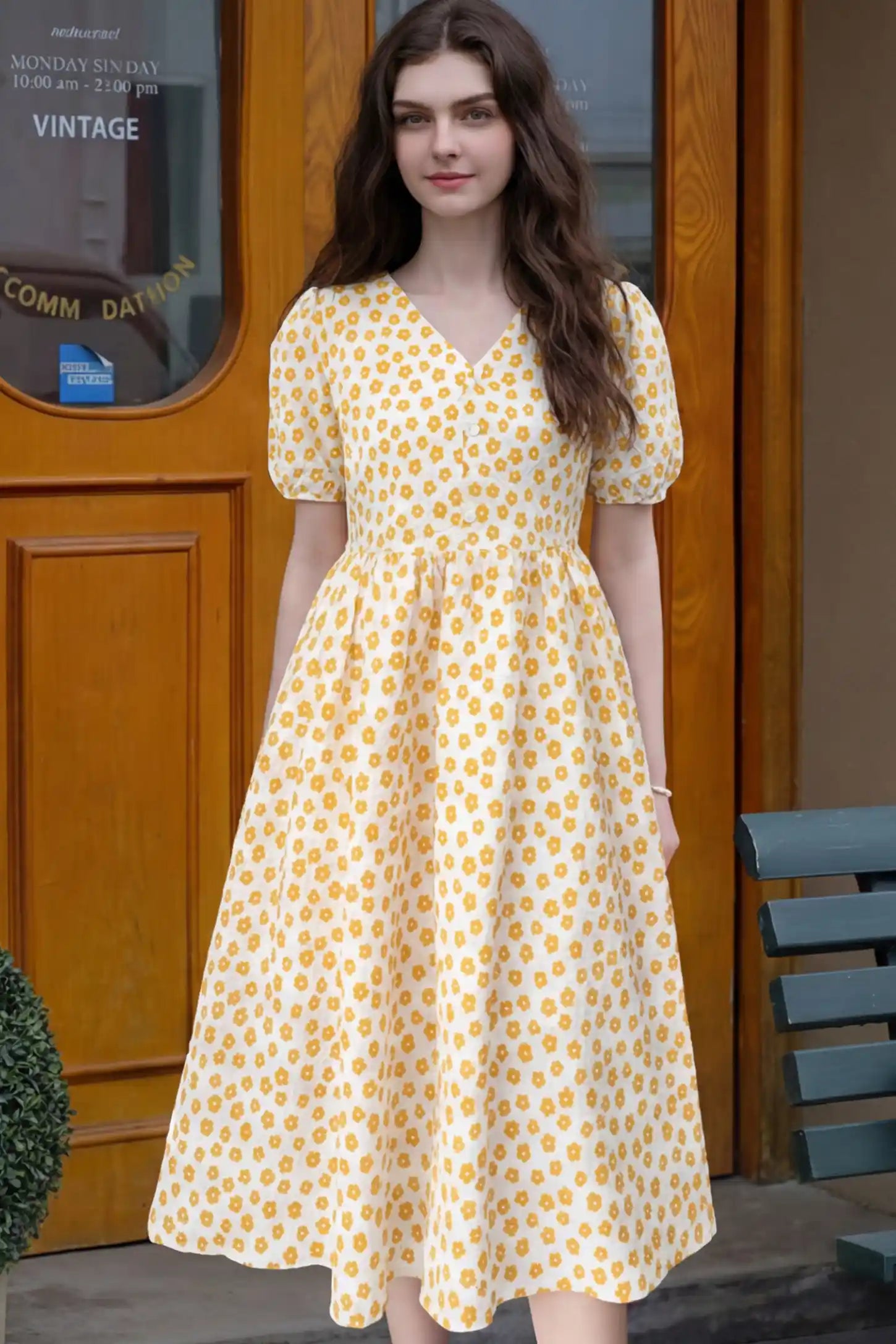 Floral Print V-Neck Maternity Nursing Dress in Yellow featuring functional button-front details on a pregnant model.