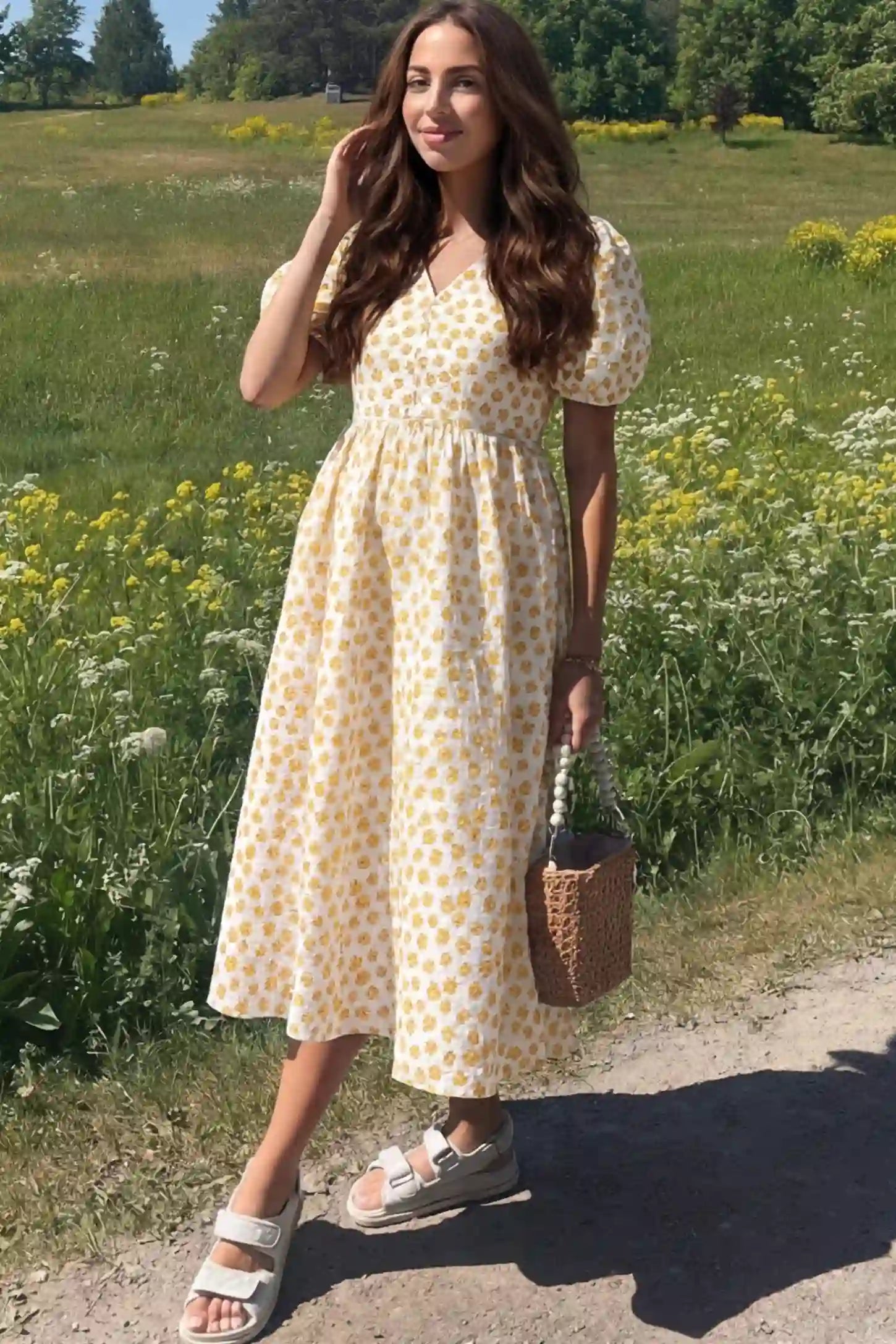 Floral V-Neck Short Sleeve Maternity Nursing Dress Floral Print V-Neck Maternity Nursing Dress in Yellow featuring functional button-front details on a pregnant model.