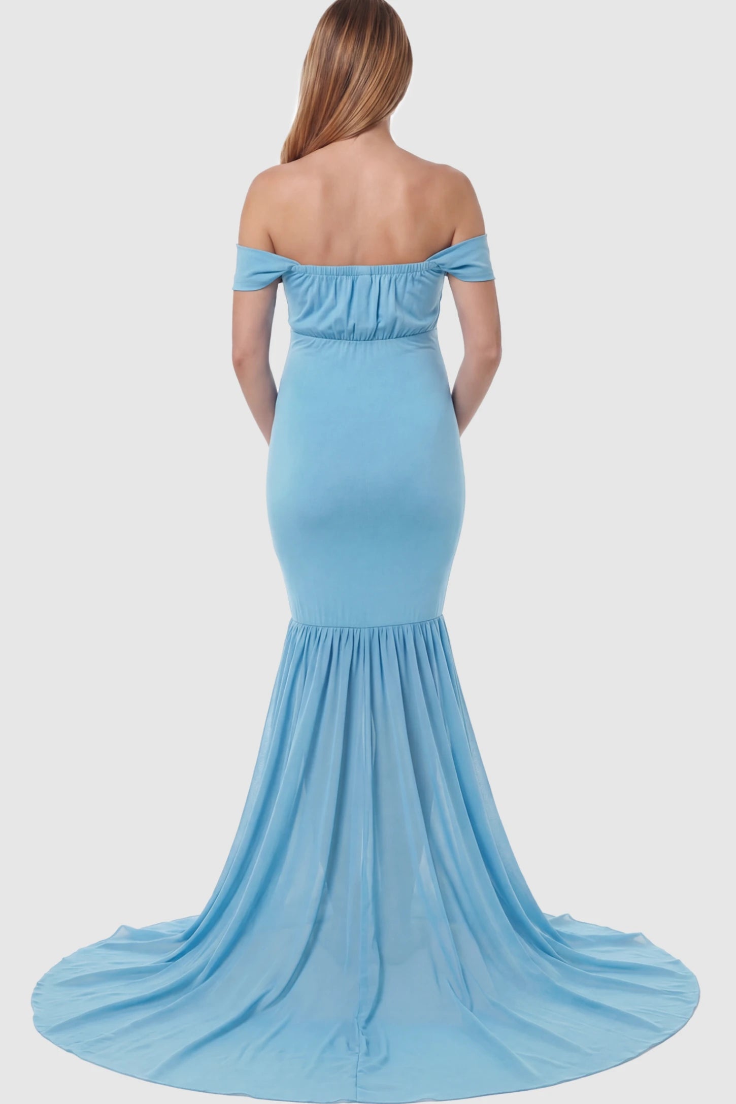 Solid Off Shoulder Mermaid Maternity Photoshoot Gown Off Shoulder Mermaid Maternity Photoshoot Gown in Blue featuring a dramatic chiffon train on a pregnant model.