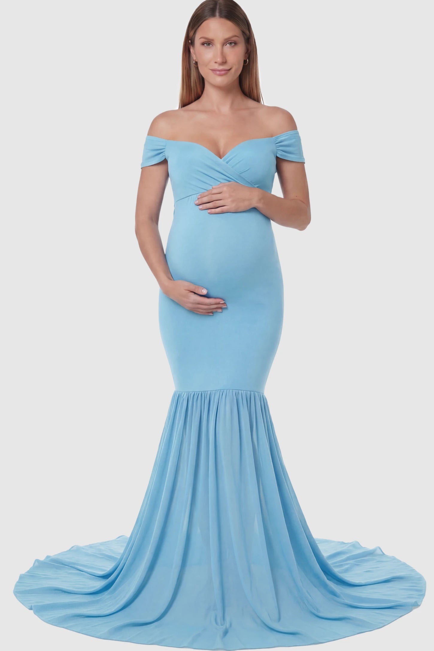 Off Shoulder Mermaid Maternity Photoshoot Gown in Blue featuring a dramatic chiffon train on a pregnant model.