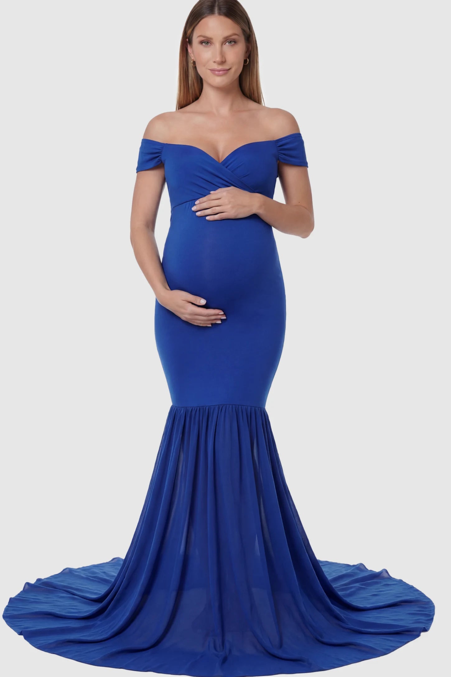 Solid Off Shoulder Mermaid Maternity Photoshoot Gown Off Shoulder Mermaid Maternity Photoshoot Gown in Dark Blue featuring a dramatic chiffon train on a pregnant model.