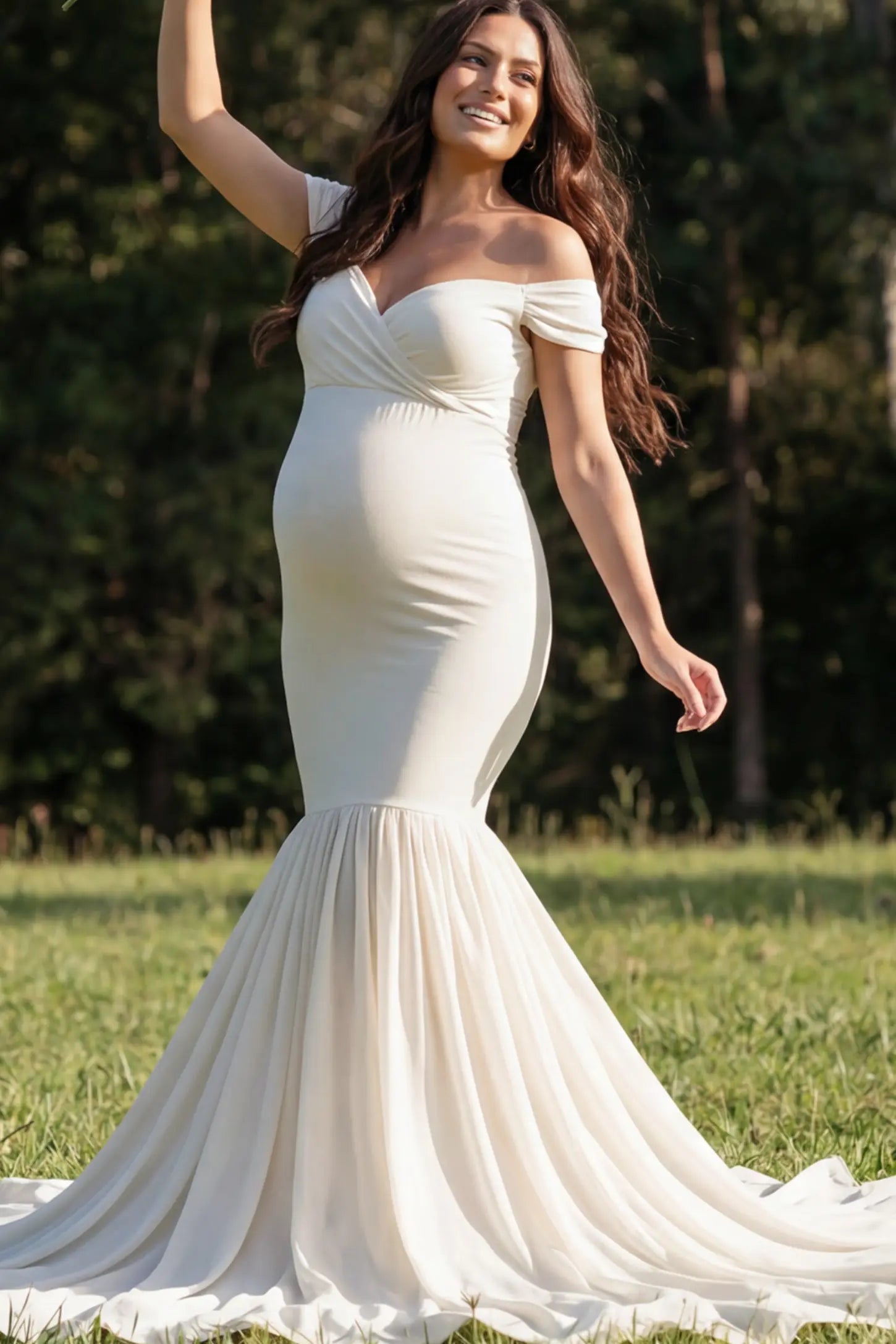 Solid Off Shoulder Mermaid Maternity Photoshoot Gown Off Shoulder Mermaid Maternity Photoshoot Gown in White featuring a dramatic chiffon train on a pregnant model.