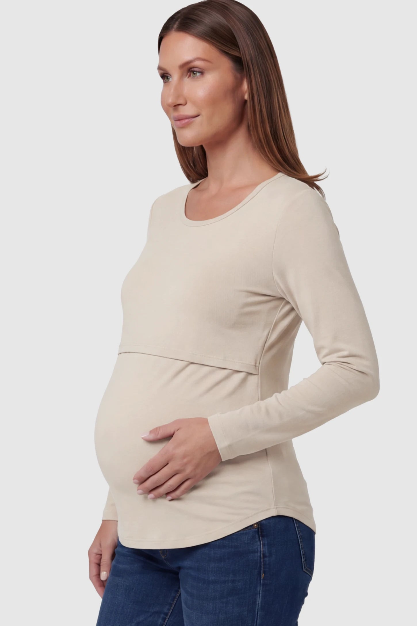 Double Layer Long Sleeve Maternity & Nursing Top in Apricot with a discrete lift-up access on a pregnant model.