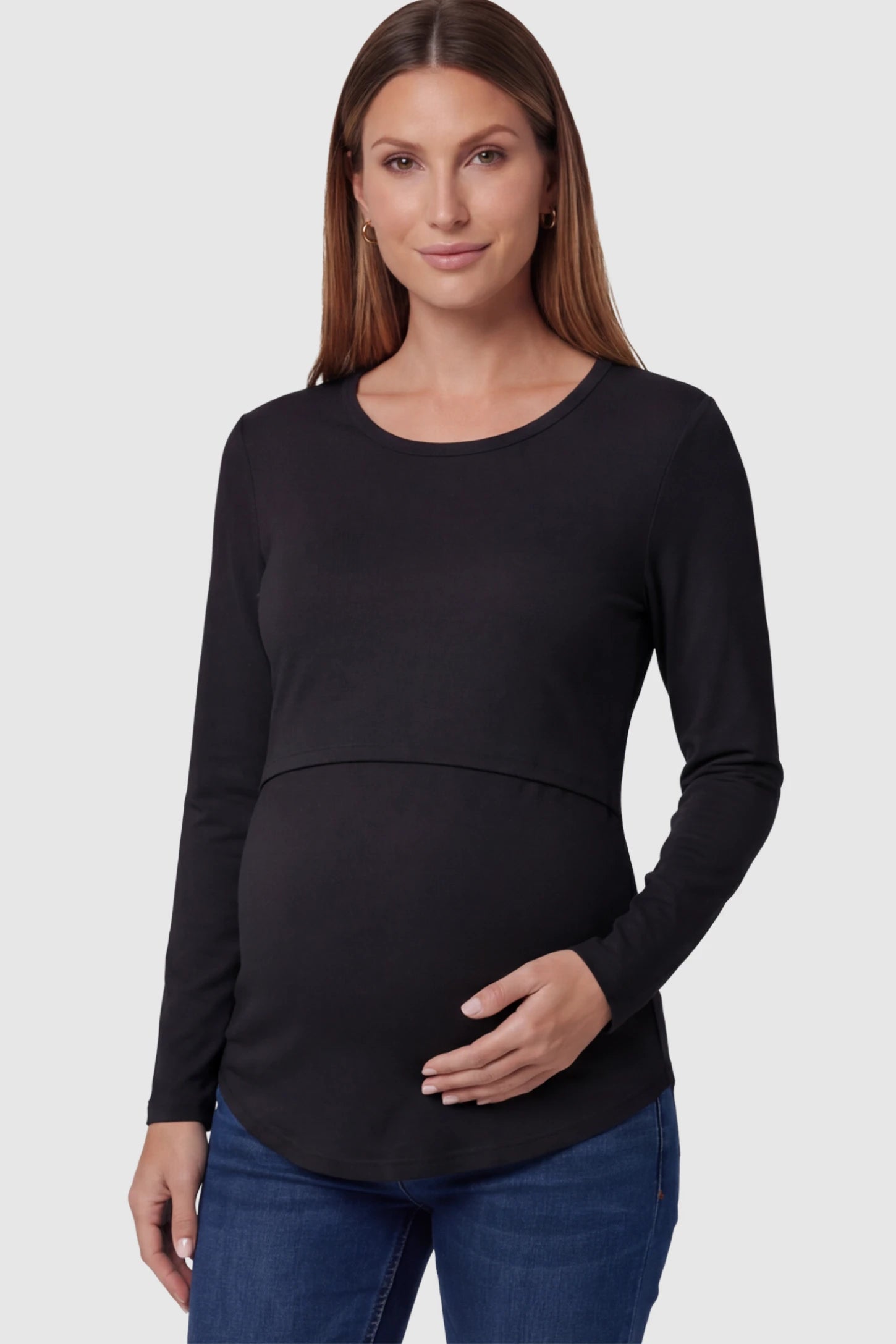 Double Layer Long Sleeve Maternity Nursing Top Double Layer Long Sleeve Maternity & Nursing Top in Black with a discrete lift-up access on a pregnant model.