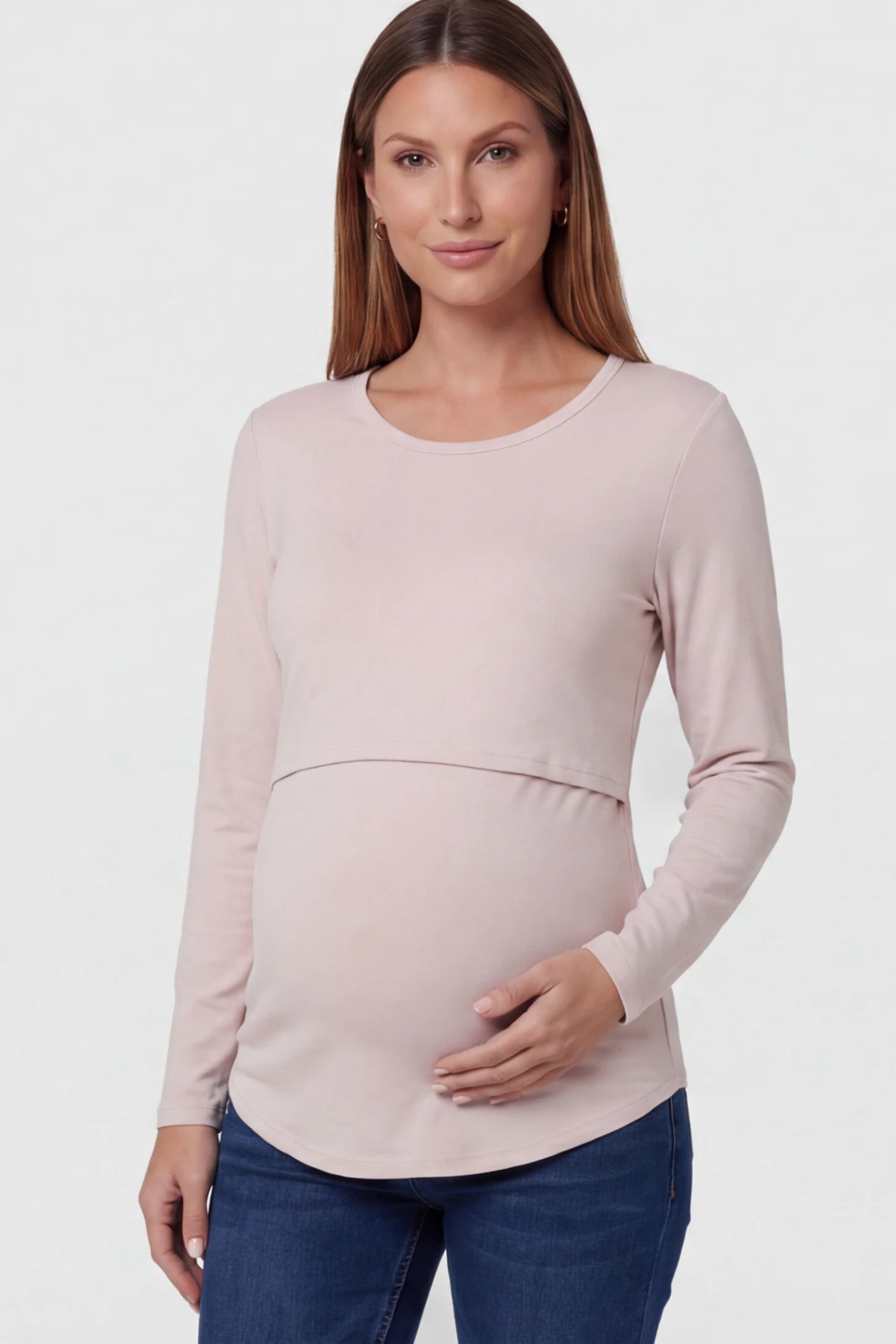 Double Layer Long Sleeve Maternity Nursing Top Double Layer Long Sleeve Maternity & Nursing Top in Pink with a discrete lift-up access on a pregnant model.