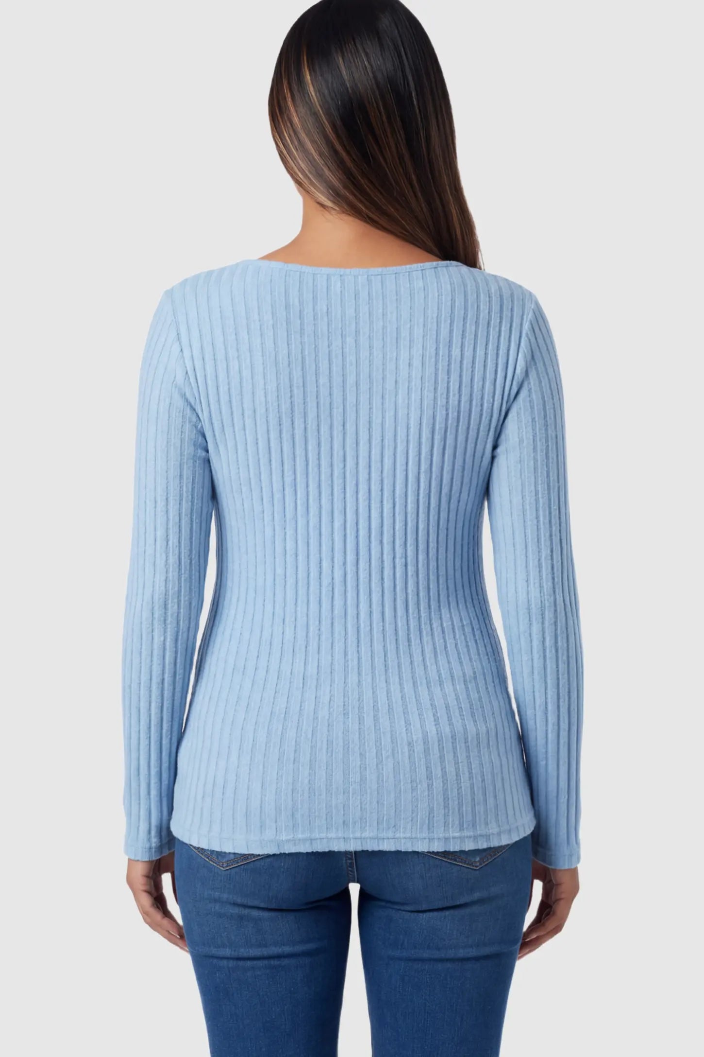 Ribbed Front Tie-Waist Long Sleeve Maternity Top Ribbed Front Tie-Waist Long Sleeve Maternity Top in blue featuring a stretch knit fabric on a pregnant model.