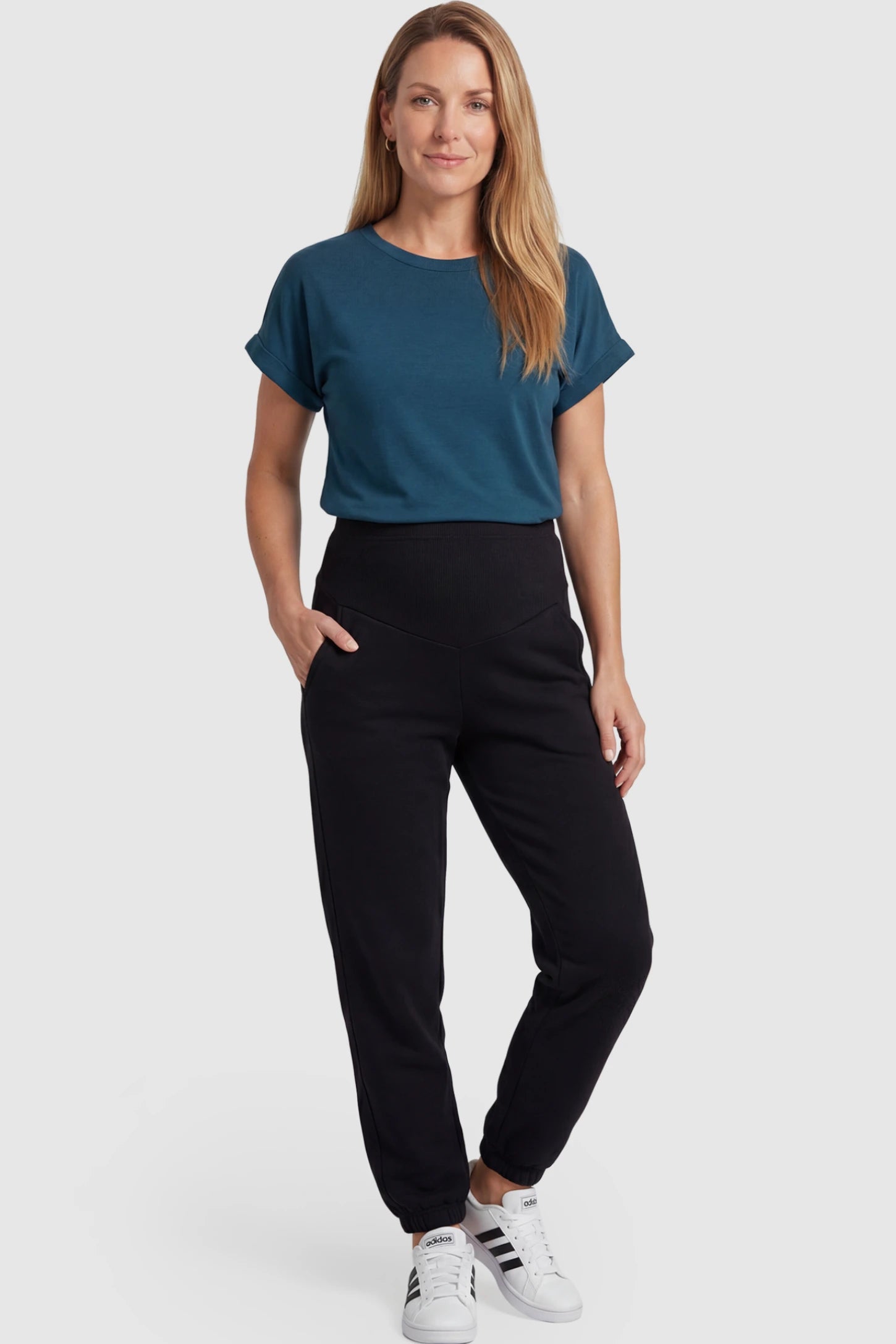 Cotton Blend Full Panel Tapered Leg Maternity Joggers Cotton Blend Full Panel Tapered Leg Maternity Joggers in Black featuring a high-waisted support band on a postpartum model facing front.
