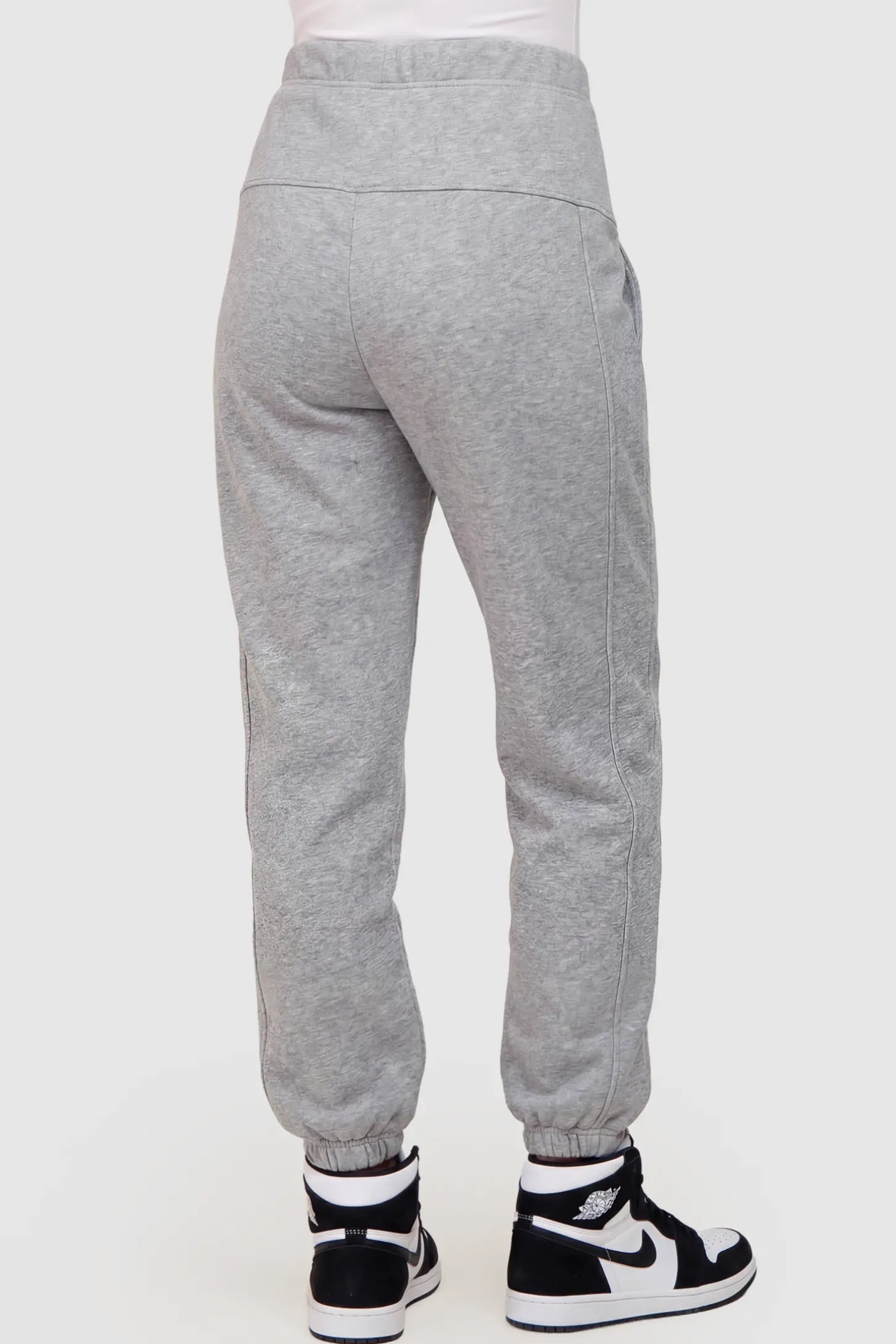 Cotton Blend Full Panel Tapered Leg Maternity Joggers Cotton Blend Full Panel Tapered Leg Maternity Joggers in Gray featuring a high-waisted support band on a pregnant model showing back.