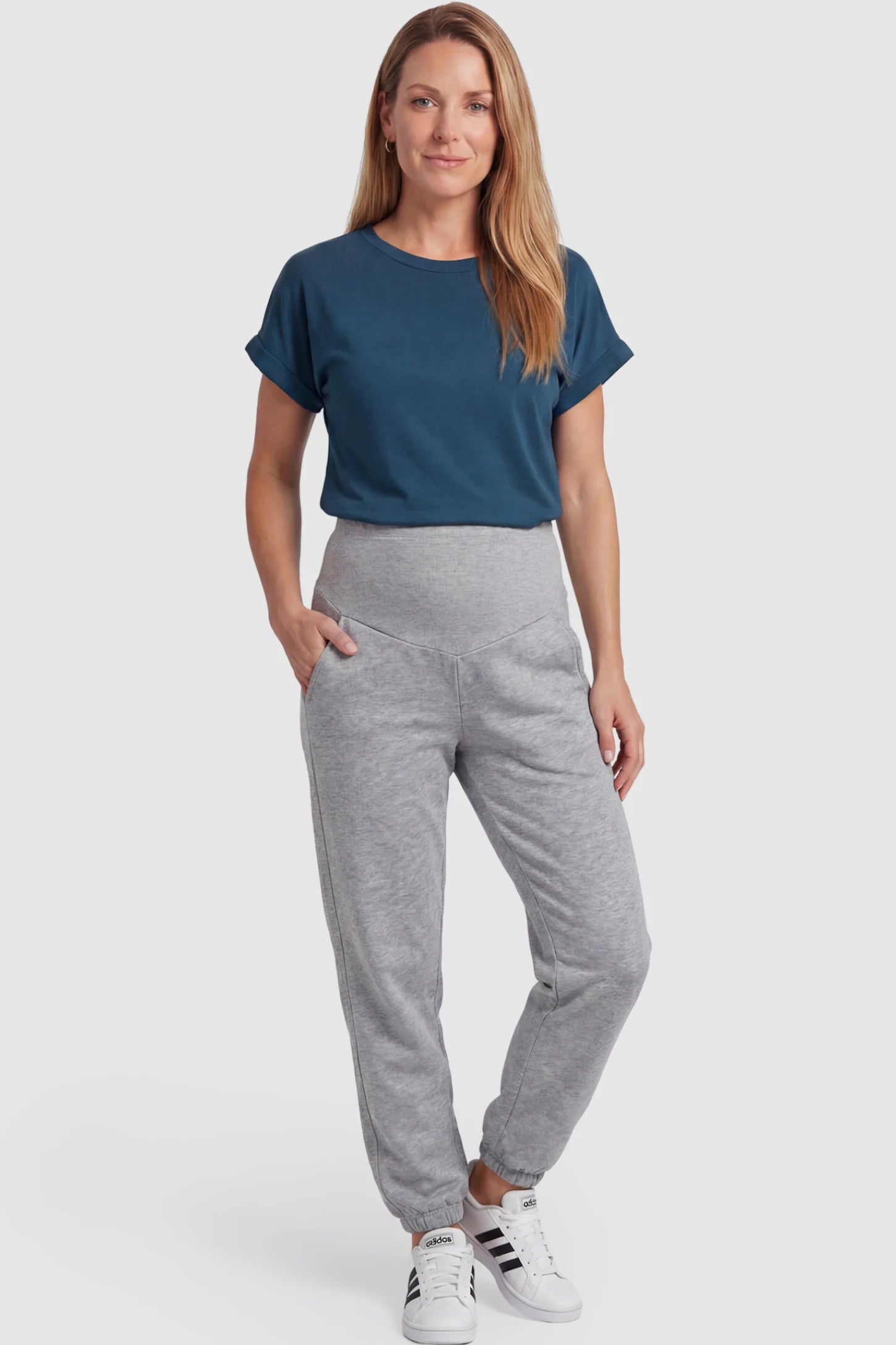 Cotton Blend Full Panel Tapered Leg Maternity Joggers Cotton Blend Full Panel Tapered Leg Maternity Joggers in Gray featuring a high-waisted support band on a postpartum model facing front.