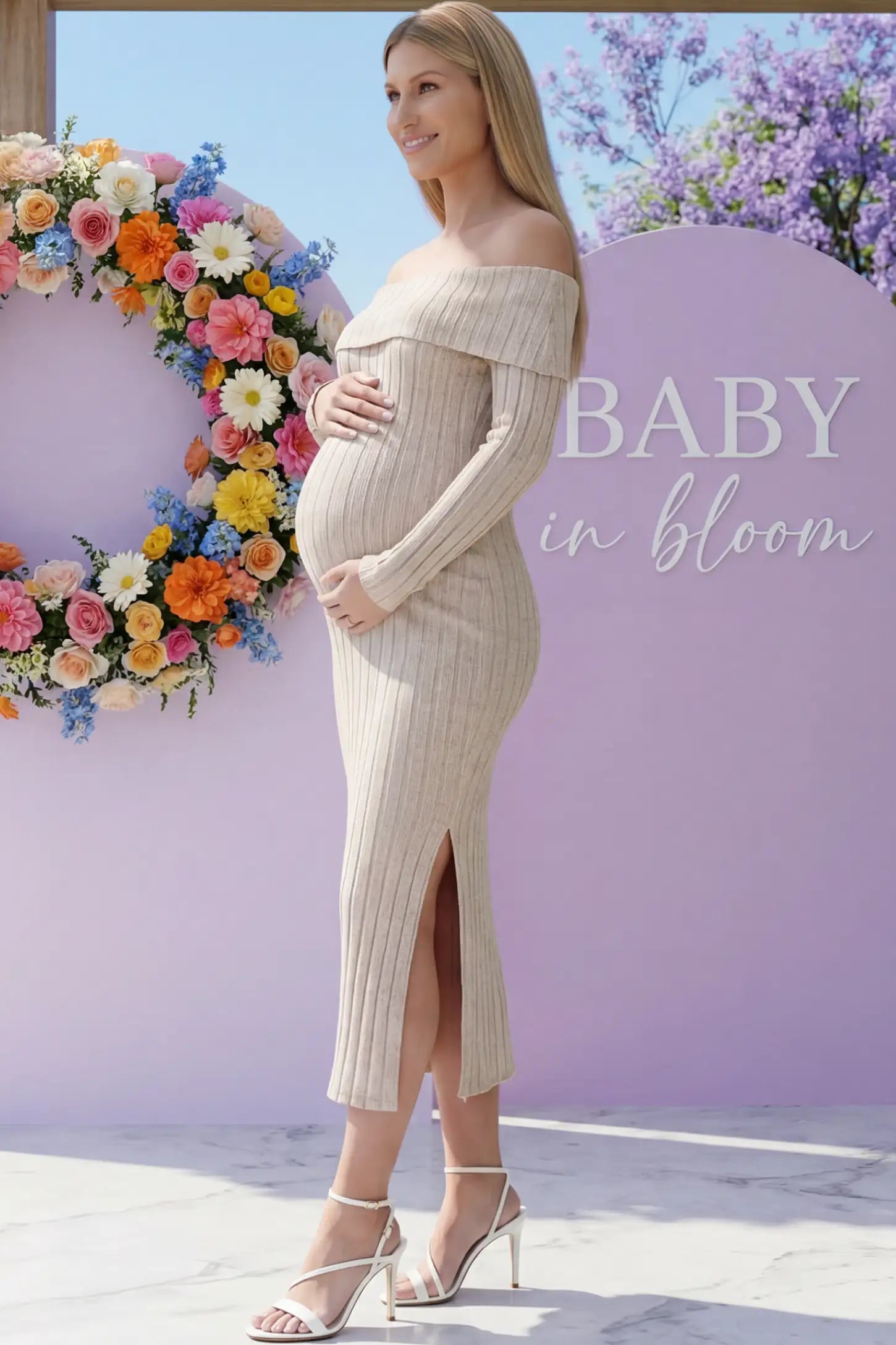 Ribbed Knit Side Slit Off Shoulder Maternity Midi Dress in Apricot featuring a fold-over neckline on a pregnant woman.