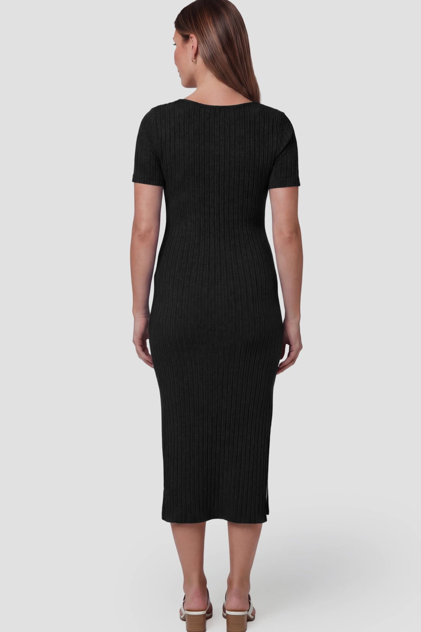 Ribbed Knit Scoop Neck Side Slit Maternity Midi Dress Ribbed Knit Scoop Neck Side Slit Maternity Midi Dress in Black on a  pregnant model.