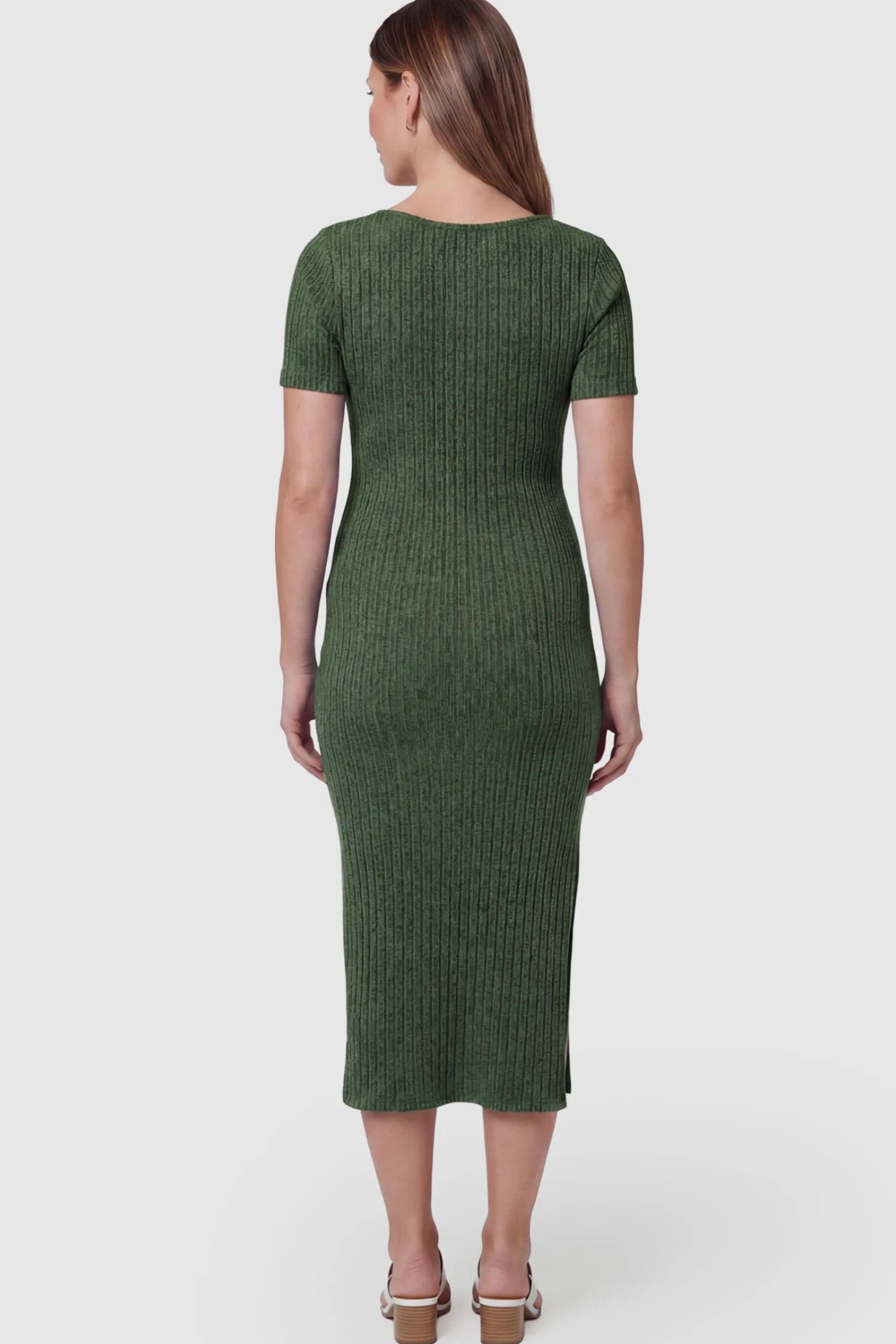 Ribbed Knit Scoop Neck Side Slit Maternity Midi Dress Ribbed Knit Scoop Neck Side Slit Maternity Midi Dress in Green on a pregnant model.